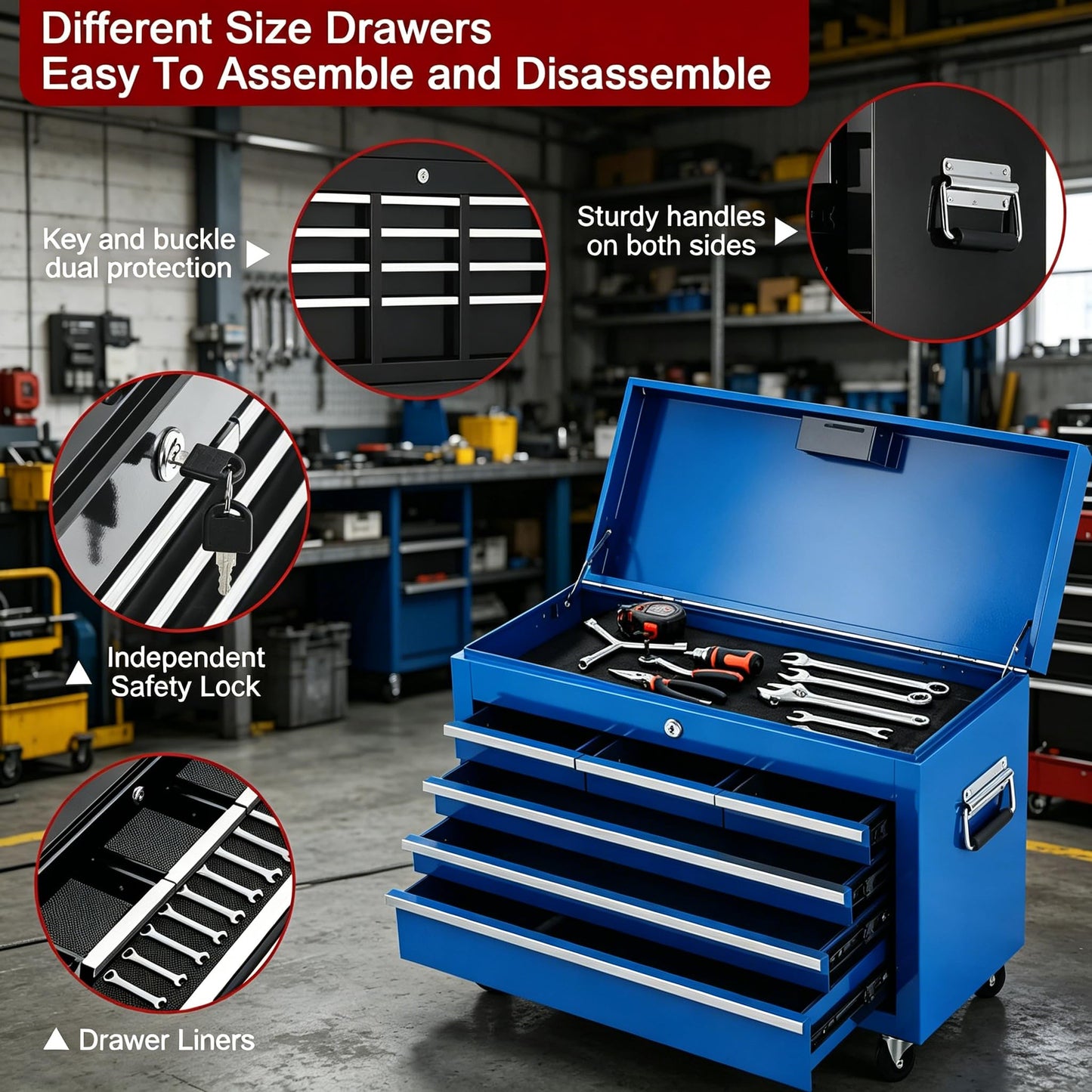 8-Drawer Rolling Tool Chest, 2-in-1 High Capacity Tool Storage with Detachable Top Cabinet, Locking System, Wheels and Liners for Garage, Workshop, Blue
