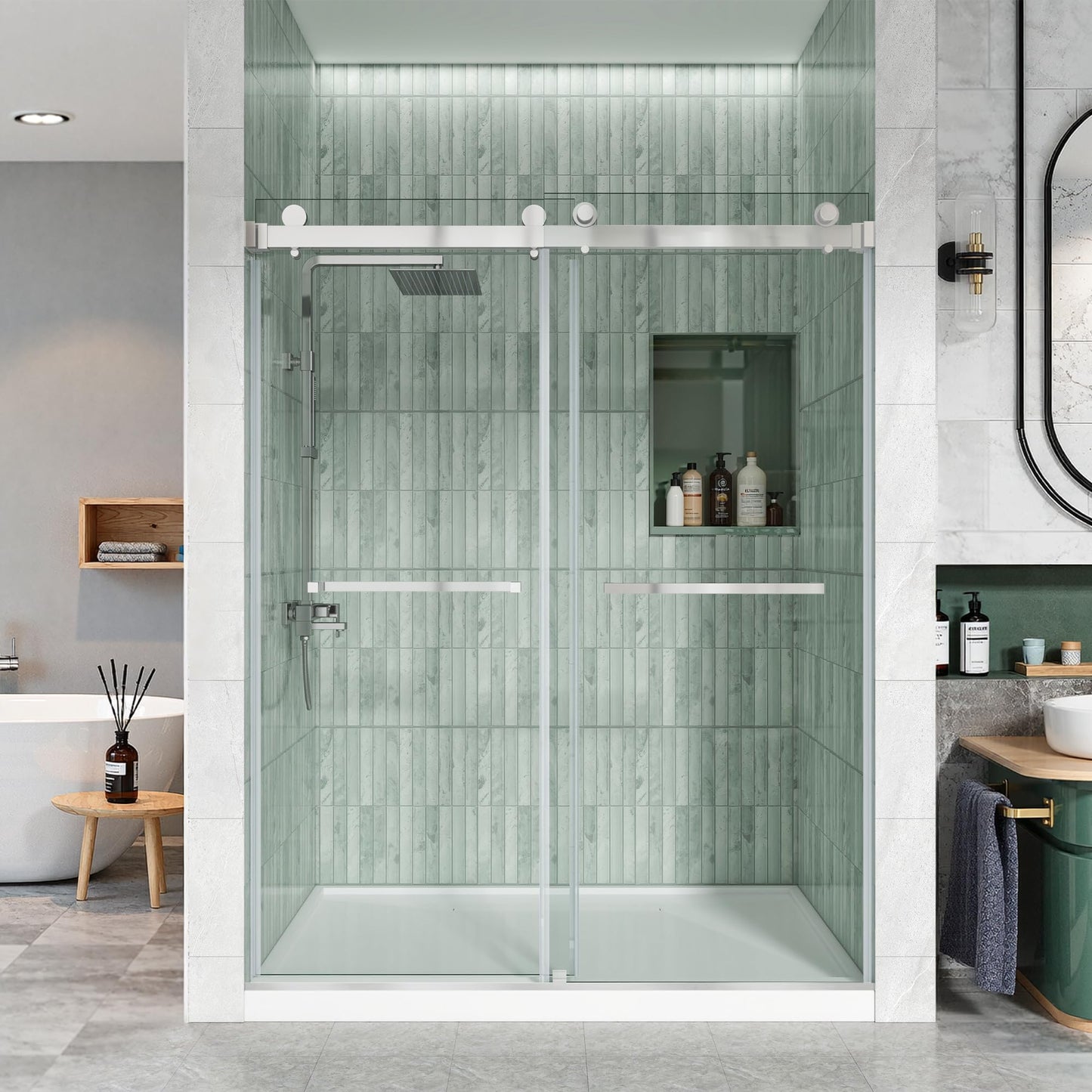 Frameless Double Sliding Shower Door, 44-48" W x 76" H, 3/8" (10mm) SGCC Certified Clear Tempered Glass, Width Adjustable, Double Towel Bars, Square Guide Bar, Stainless Steel Hardware, Chrome
