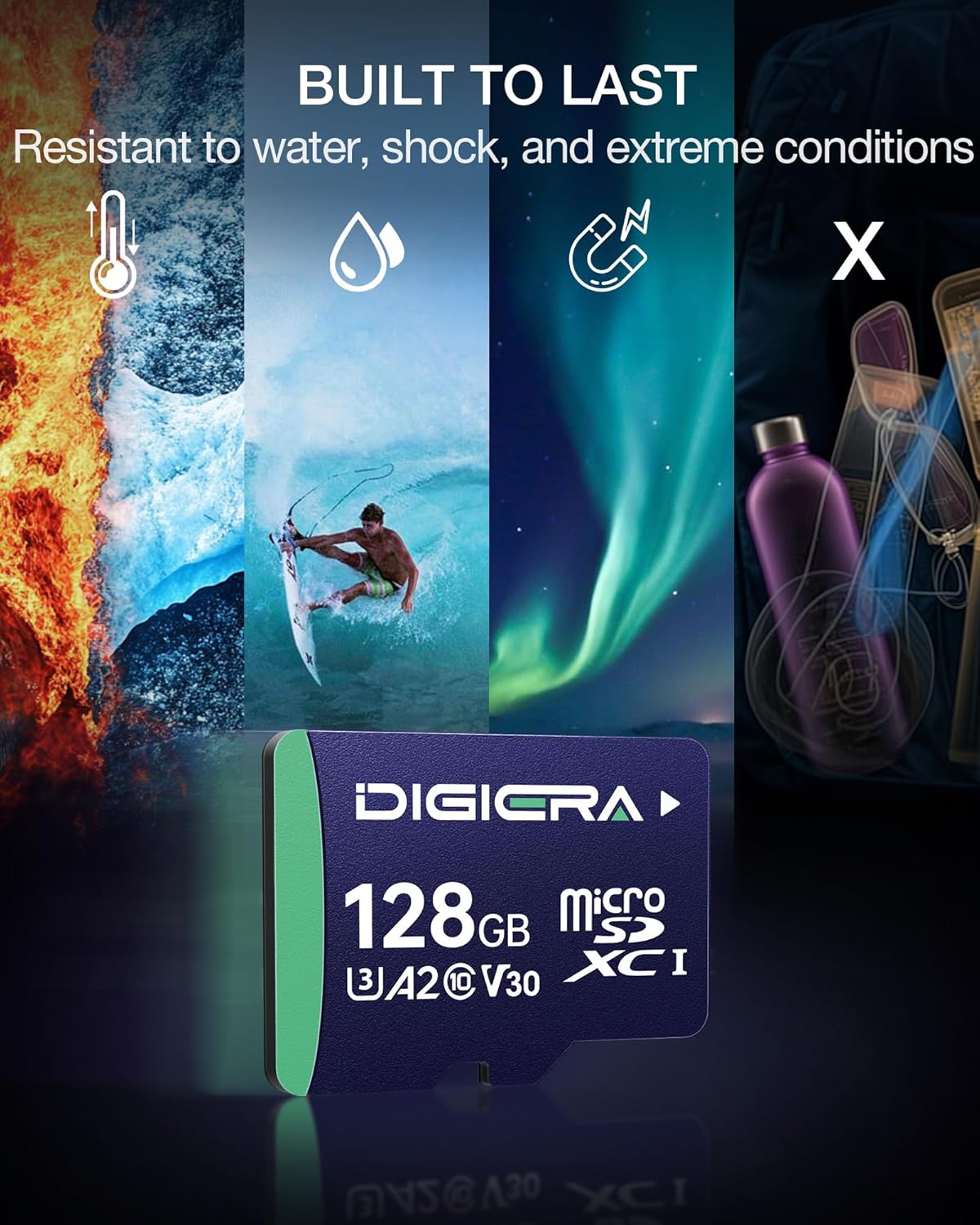 DIGIERA 128GB CT100 100MB/s, C10, U3, V30, 4K A2, (1 Pack) microSDXC UHS-I Memory Card with Adapter - up to UHD, Micro