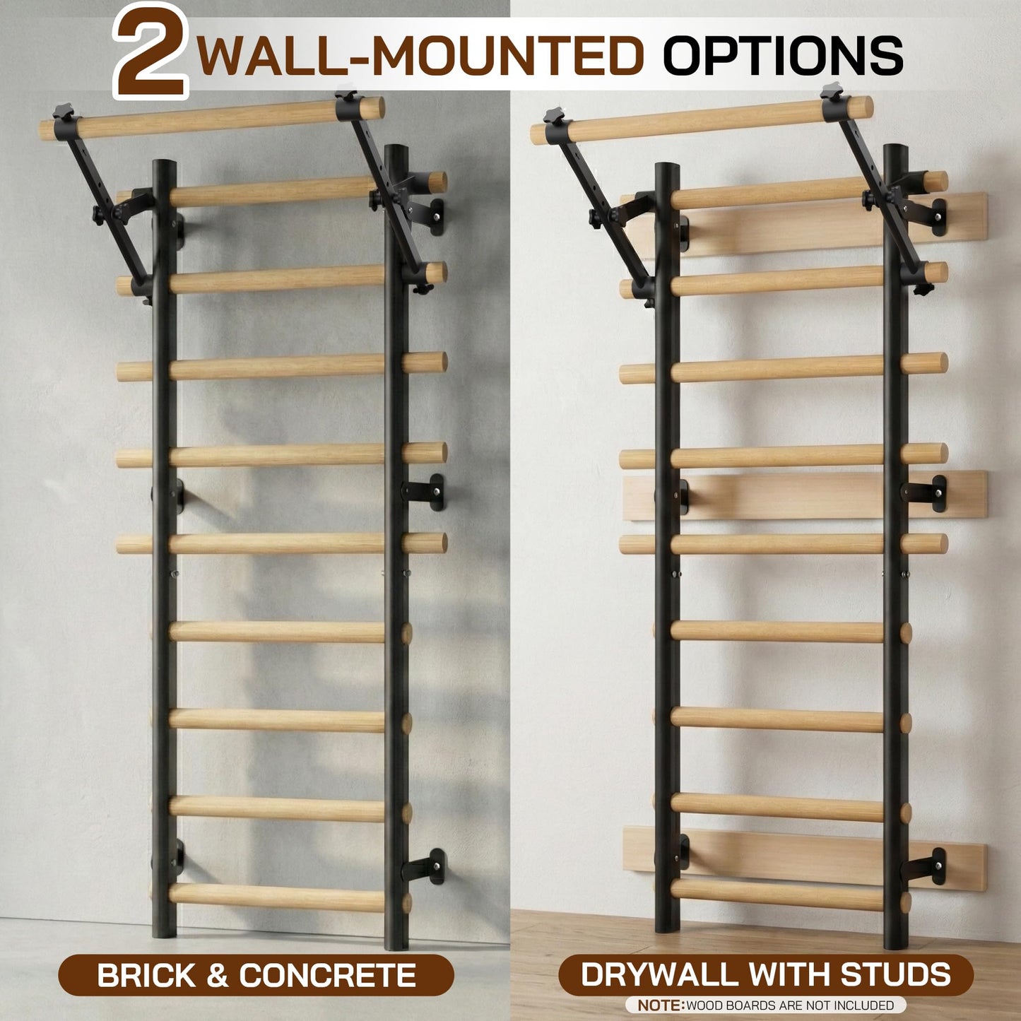 Cofiyard Swedish Ladder Wall Gym, Wooden Wall-Mounted Stall Bars with Pull-up Bar & Exercise Straps & Dip Bars, Stretching Ladder Full Body Home Gym Adults New