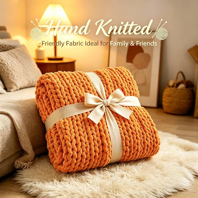 Admitrack Chunky Knit Blanket Throw, 100% Hand Knit Chenille Throw Blanket for Sofa & Home Decor, Soft and Cozy Knitted Throw Blankets (Orange, 51"x63")