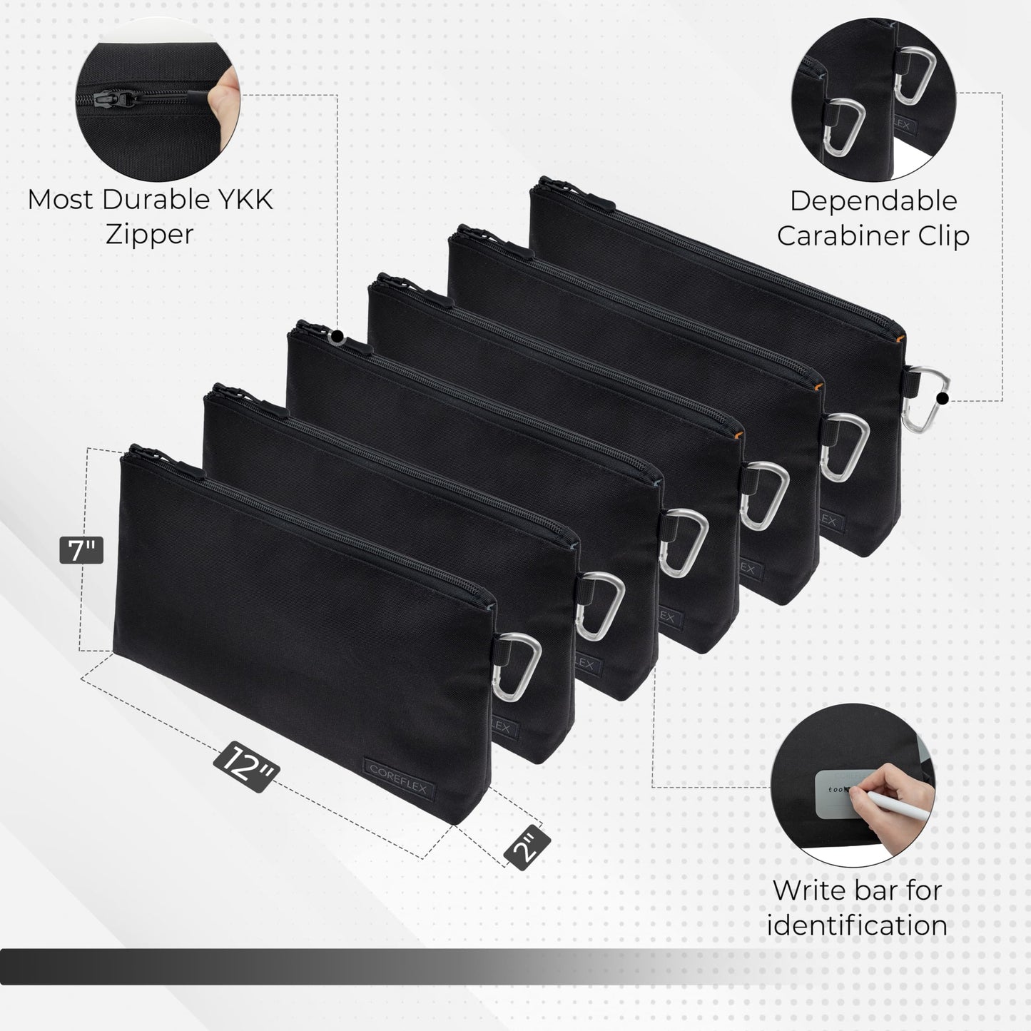 COREFLEX Premium Tool Pouch Zipper Bag, Small Tool Bag, Multipurpose Storage pouch, Heavy duty Flat Bottom Tool bag with YKK Zipper (6 pack Large 12inch Black)