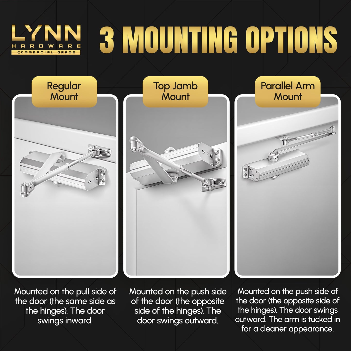LYNN HARDWARE Medium/Heavy Duty Automatic Door Closer (Silver) - Commercial Grade, Contractors Choice, Adjustable Speed & Force, 3 Mounting Options, 3 Hour Fire Rated (DC7016 Model)
