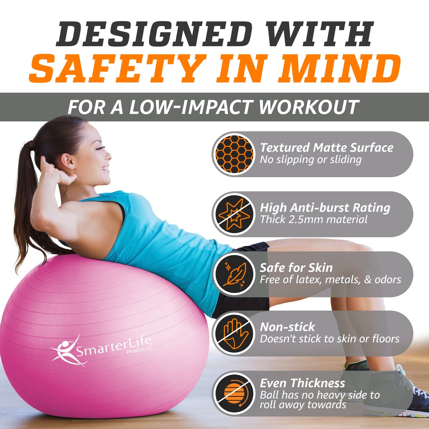 SmarterLife Exercise Ball Yoga Ball for Fitness, Balance, Stability, or Pregnancy, Gym Ball for Core Workout, Physical Therapy, Yoga Ball Chair for Office, Anti-Slip Anti-Burst (65 cm, Pink)