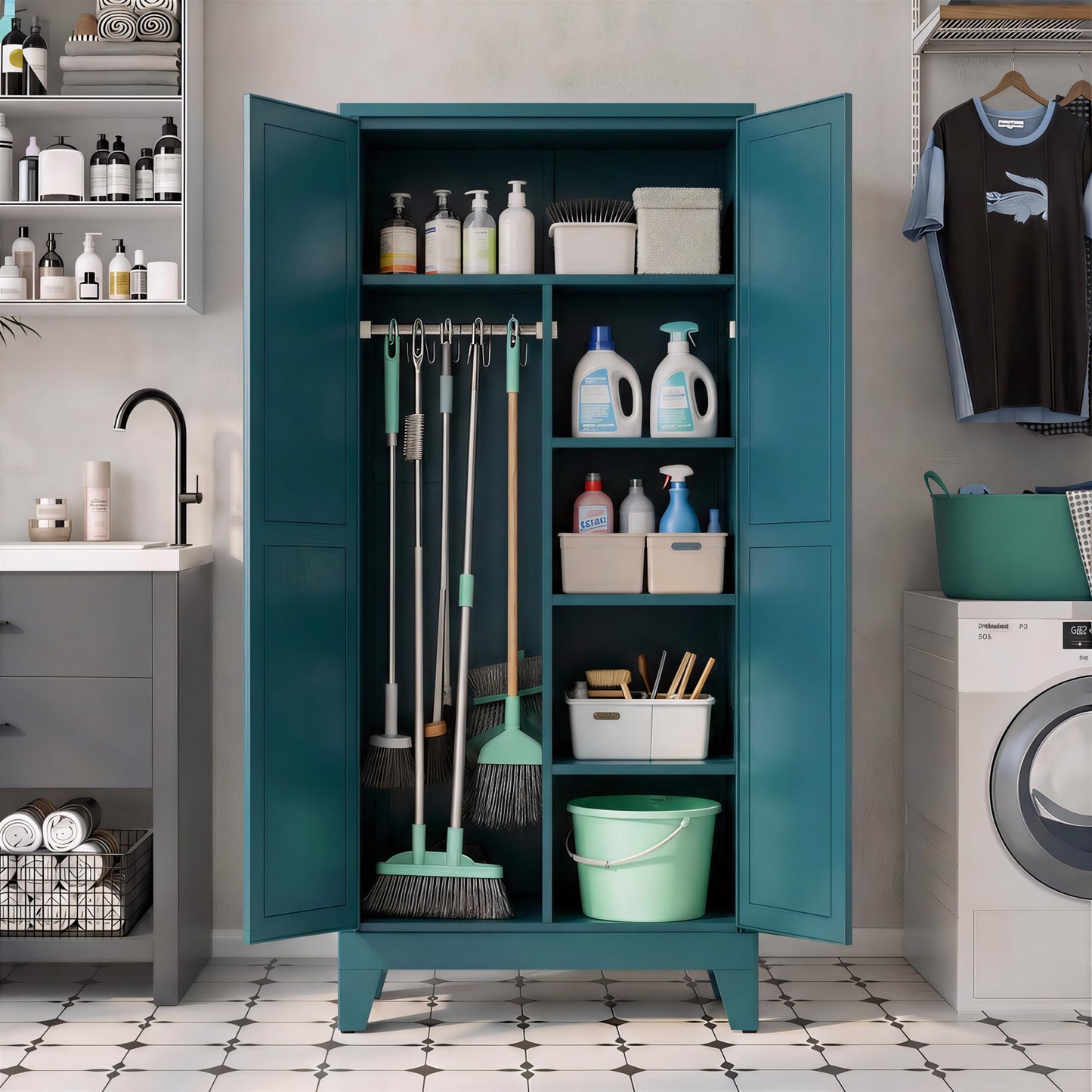 QPRVPTOW 71" H Metal Garage Storage Cabinets,Broom Closet Storage Cabinet,Utility Cabinet,Blue Storage Cabinets