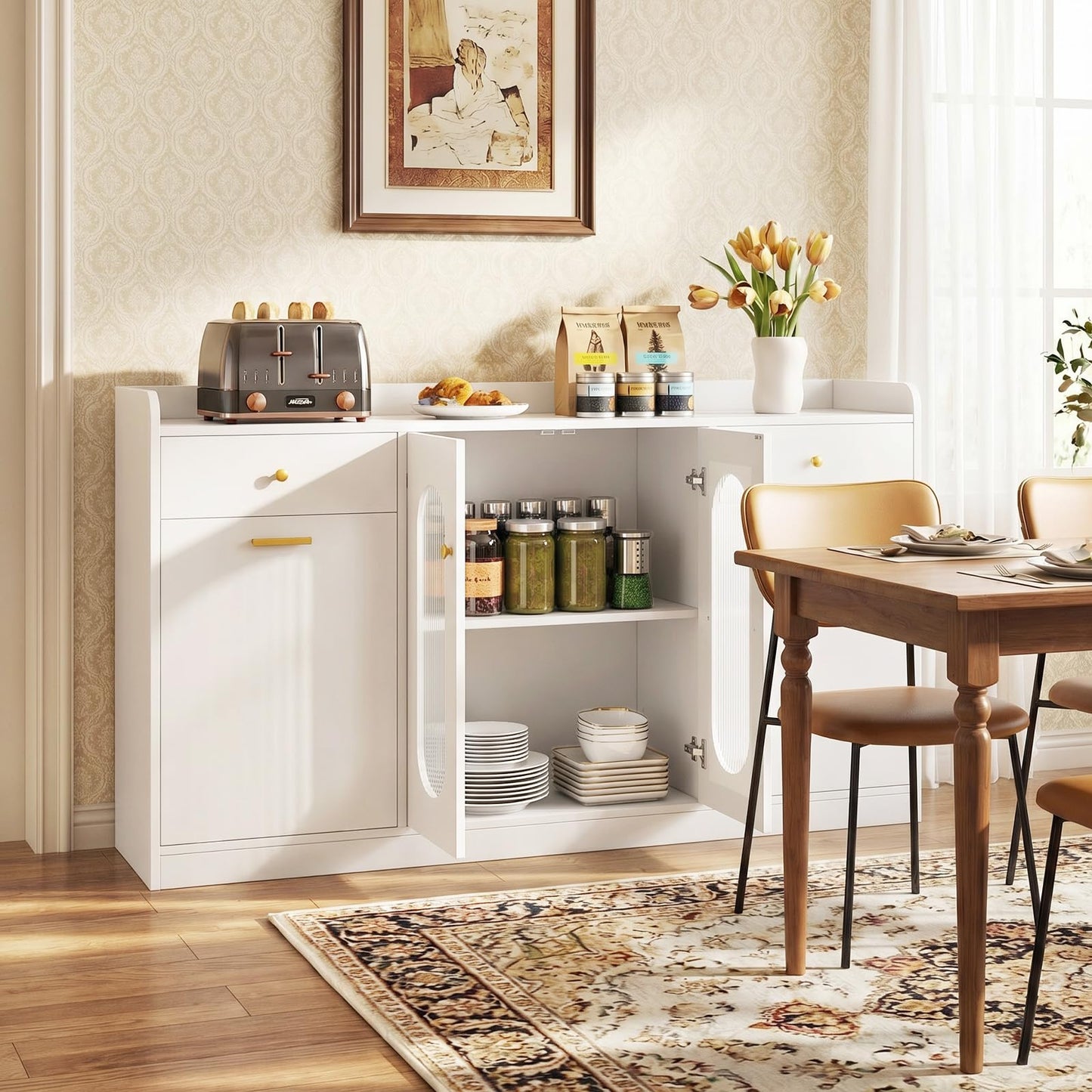 Giantex 55" Farmhouse Buffet Cabinet, Large Credenza w/Hidden Tilt Out Trash Can, 2 Glass Doors, 2 Drawers & Adjustable Shelves, Modern Sideboard Coffee Bar Cabinet for Kitchen, Dining Room (White)