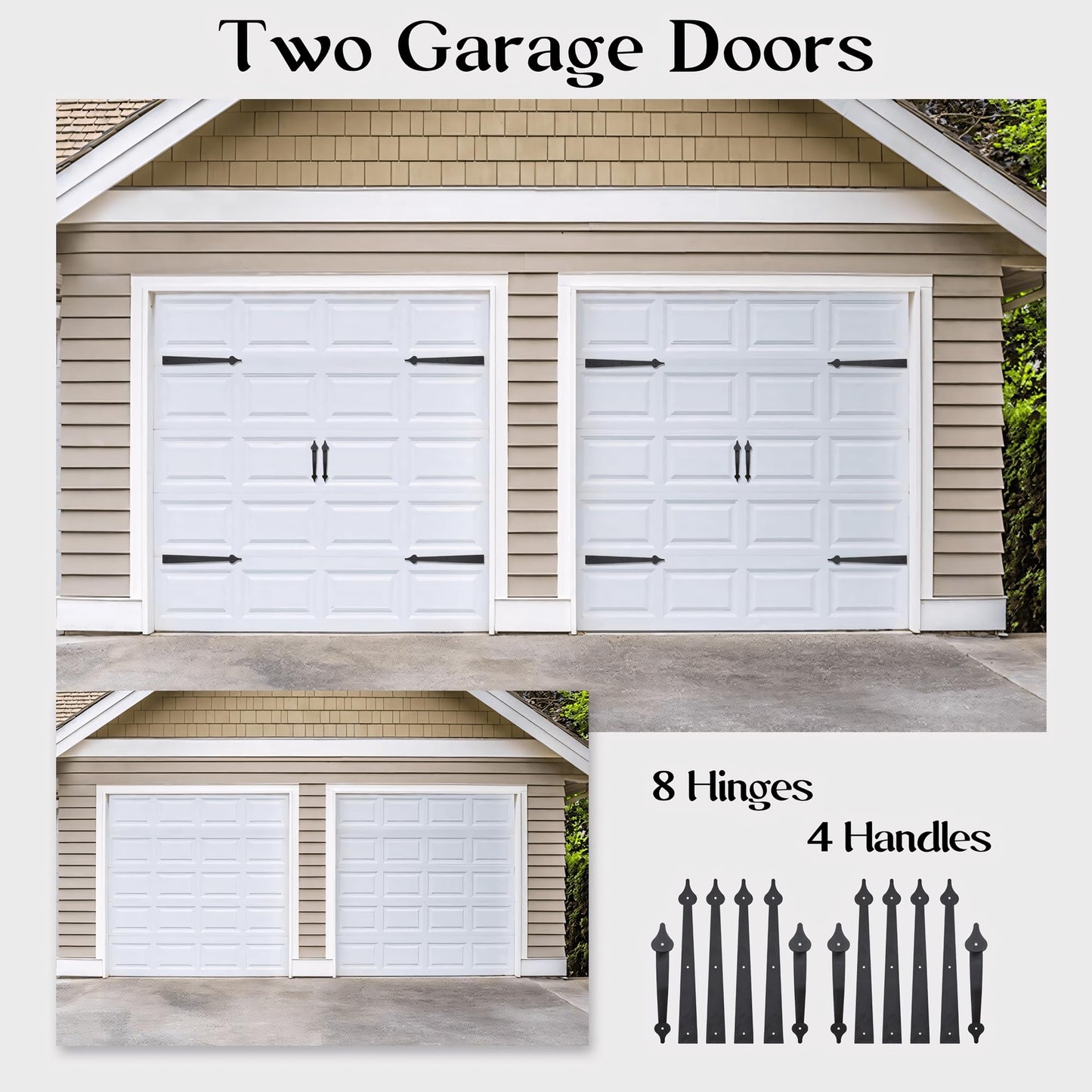 SANKEYTEW Decorative Garage Door Hardware Kit Carriage House Accents 8 Hinges and 4 Handles for 2 Car Garage, Screw Mounted, Black Steel
