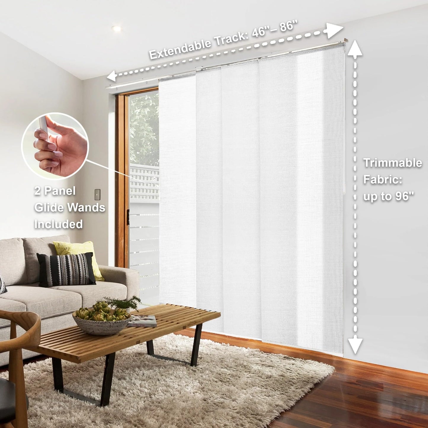 CHICOLOGY Panel Track Blinds for Sliding Glass Door, Adjustable Track for Patio Entry, Large Windows, Closet Opening and Room Divider, Trim to Fit Fabric Shades, 46 to 86 W x 96 H, White