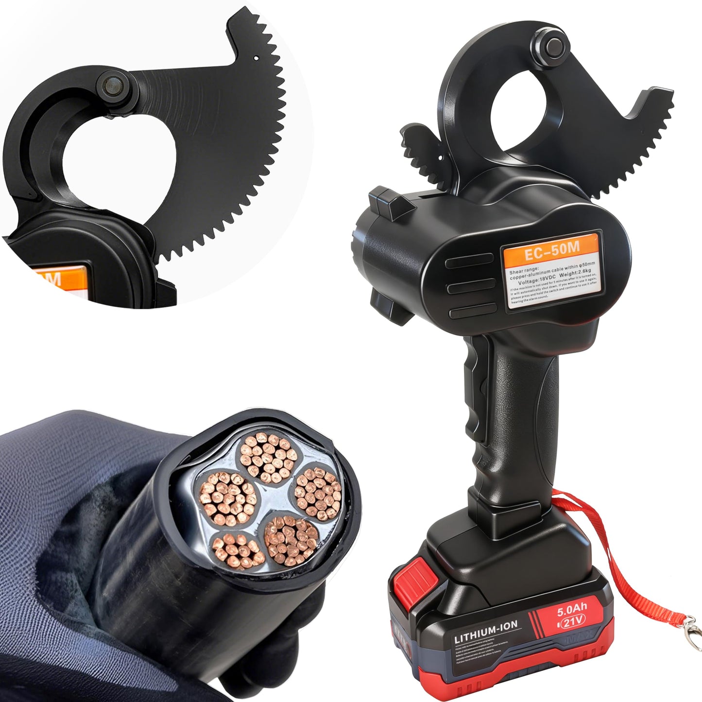 21V Battery Ratcheting Cable Cutters Cordless Heavy Duty Electric Wire Cutters(1000 MCM Copper/1250 MCM Aluminum) Electrical Ratchet Portable Cable Cutter with Comfort Grip Handle, Alloy Steel Blades