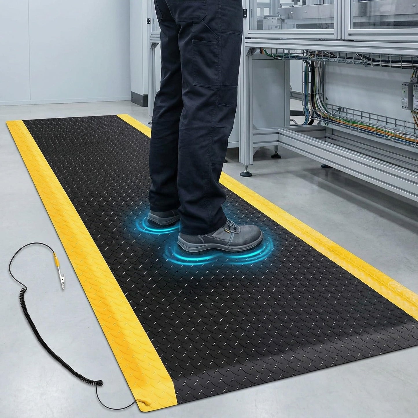 Drydiet 1 Pcs 3'x12' Anti Fatigue Mat Industrial, ESD Conductive Pad with Ground Wire, Heavy Duty Ergonomic Standing Floor Mat for Commercial Work, Shop Stand, Thick 3/4" Black with Yellow Border
