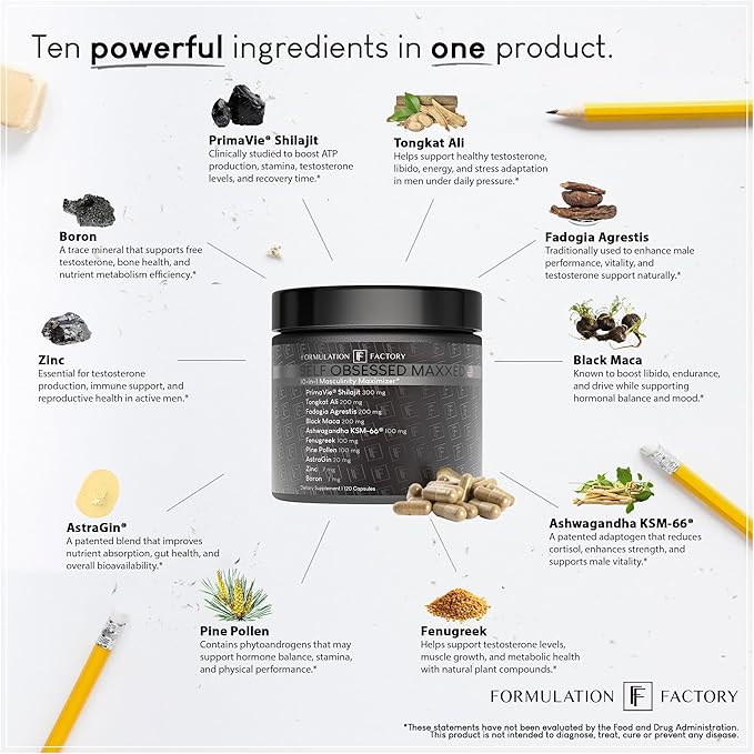 Self Obsessed MAXXED: 10-in-1 Men's Vitality Formula with Shilajit, Tongkat, Ashwagandha, Maca, Fadogia, Fenugreek, Pine Pollen, Zinc, Boron & AstraGin® - 120 Capsules ??2-Month Supply (1 Pack)