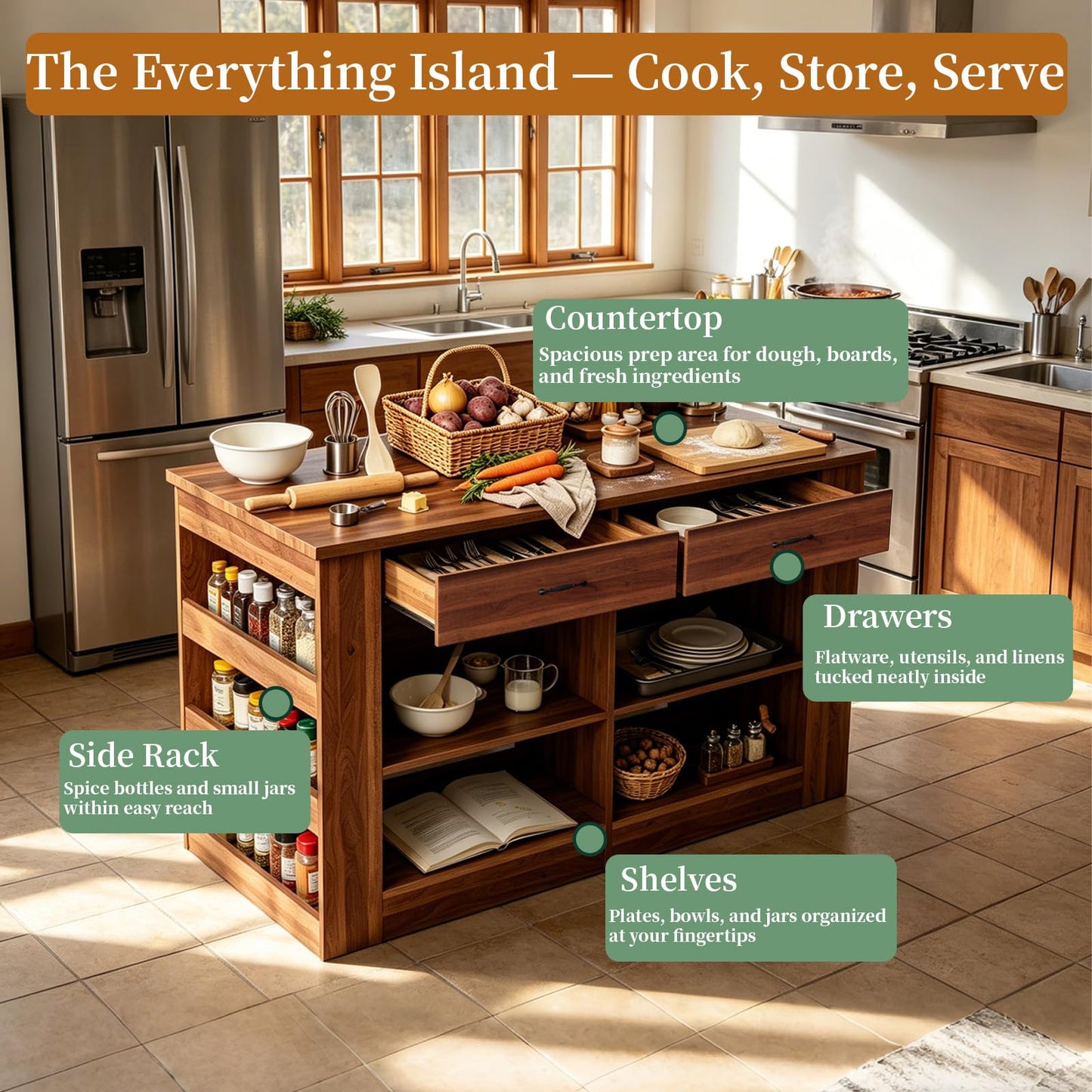 JOYSOURCE Large Farmhouse Kitchen Island with Storage 58 Inches Stationary Kitchen Island with Seating, 2 Drawers, Shelves Bar Table for Kitchen Dining Room Living Room Walnut Wood Grain