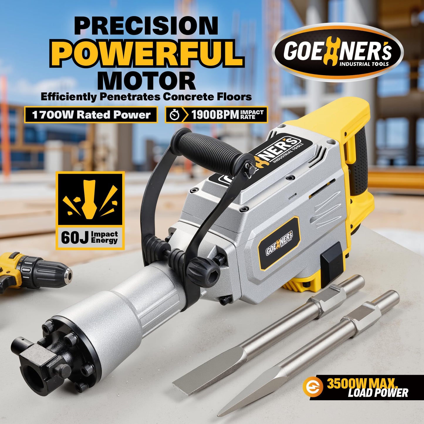 Demolition Jack Hammer Drill, MAX 3500W Jack Hammer Concrete Breaker 1900 BPM Heavy Duty Electric 60J Hammer Drill Chisel for Trenching and Breaking Holes (Orange)
