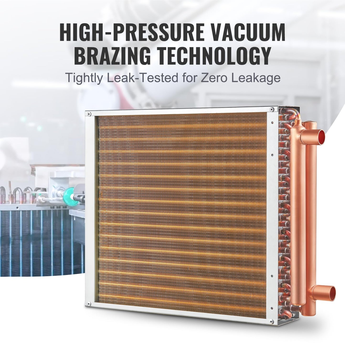 VEVOR Heat Exchanger Water to Air, 16"x 16" with 3-Row 3/8" Copper Ports, 193 Aluminum Fins Heat Exchanger for Outdoor Wood Furnaces, Residential Heating and Cooling, and Forced Air Heating