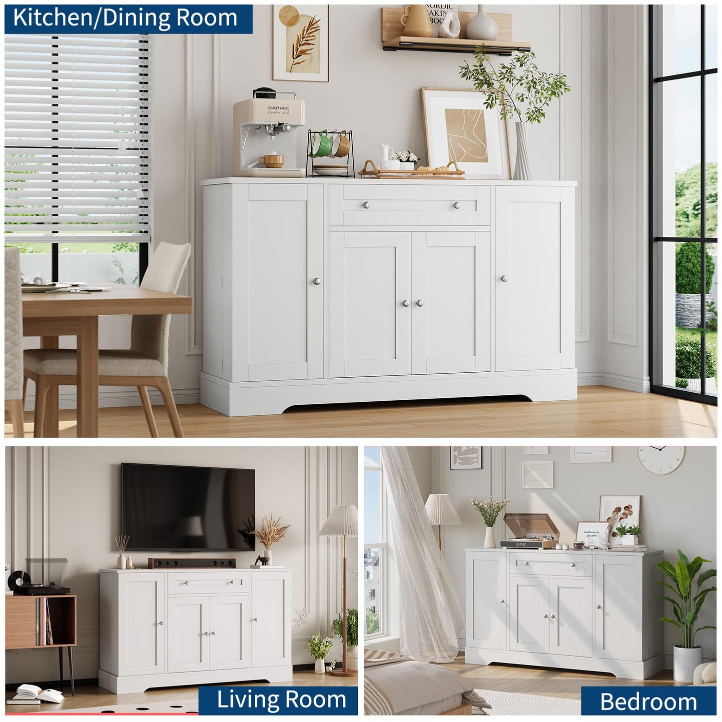 Garvee Sideboard Buffet Cabinet with Storage, Modern Wooden Credenza Storage Cabinet with Drawer and 4 Doors, Freestanding Coffee Bar for Living Room, Kitchen, Dining Room, White