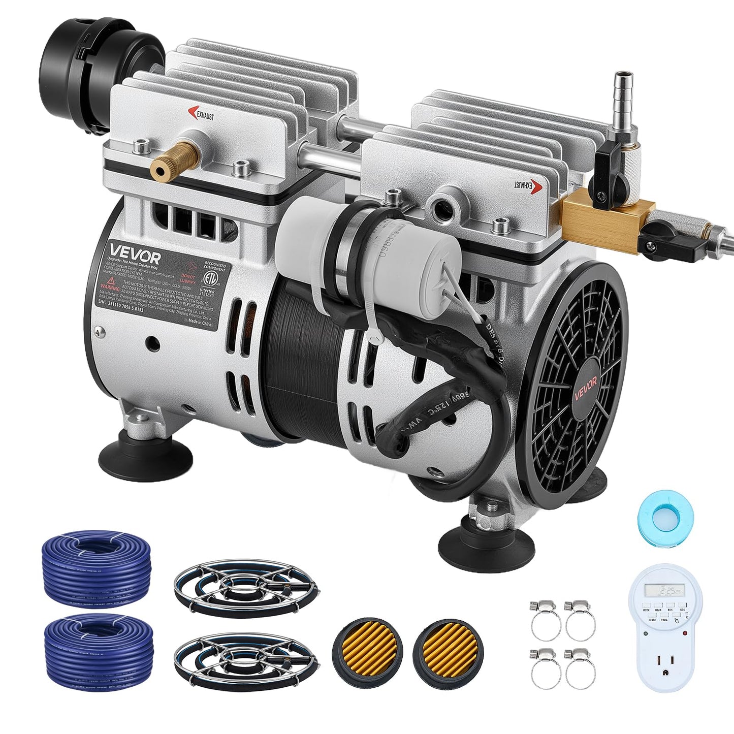 VEVOR Pond Aerators, 5.2CFM Aeration System for Lake up to 3 Acres, 3/4 HP Air Compressor, 2 Diffusesr & Two100' Weighted Tubings, Aeration Pump for Outdoor Ponds & Lakes Deep Water Oxygen Circulation