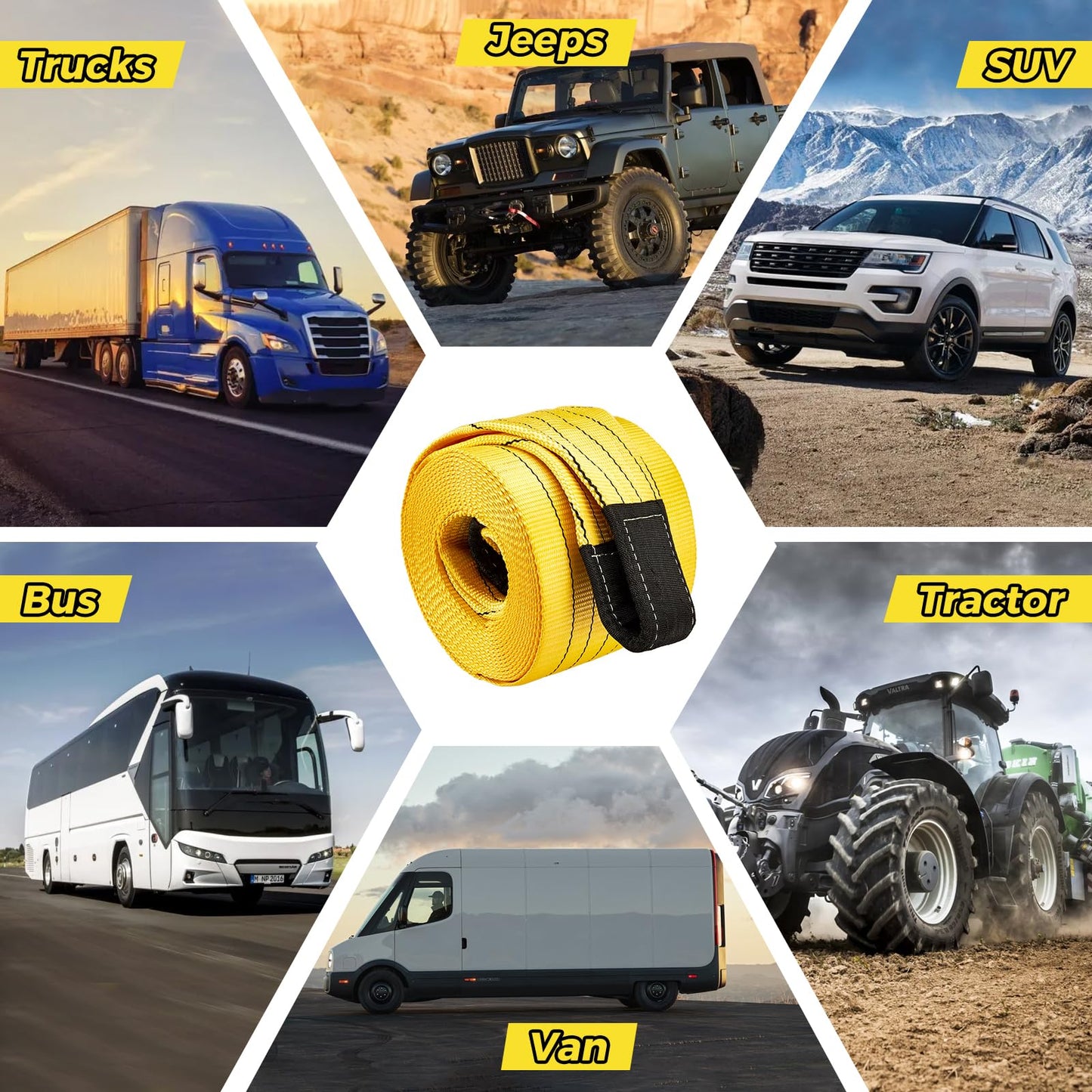 Heavy Duty Recovery Tow Strap 20ft x 7.1 Inch - 90,000lbs Break Strength (50 US Tons),Tow Rope for Trucks, Jeeps, SUV, Tractor, Van, Bus, RV & Off-Road Vehicle Recovery