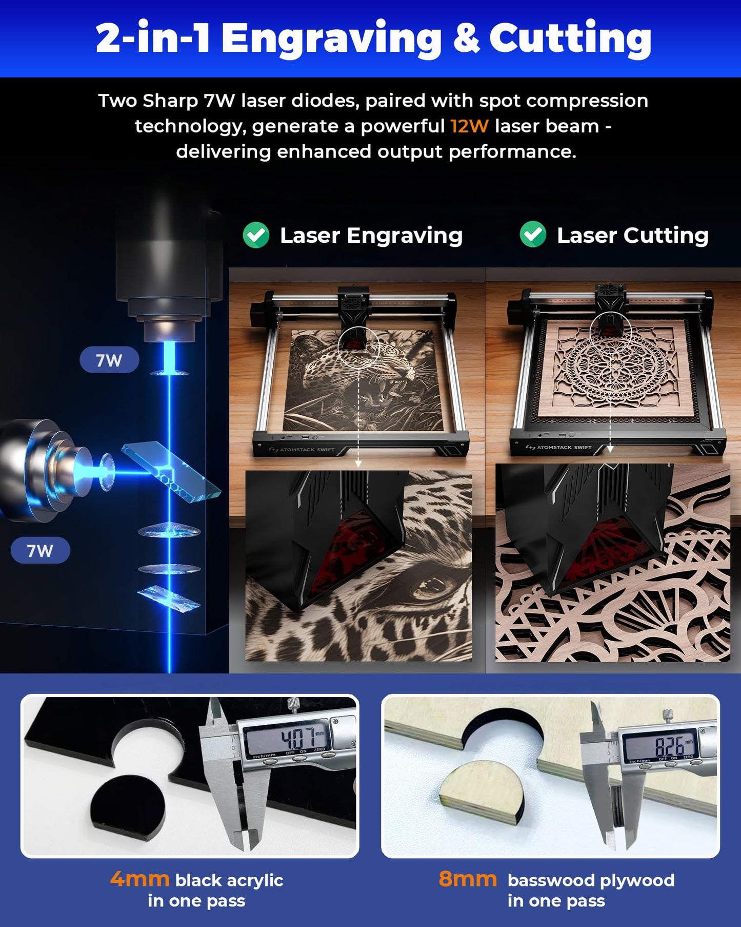 ATOMSTACK Swift Laser Engraver for Beginners, 12000mW Output Laser Cutter, Laser Class 4, 300×300mm Working Area, 0.08mm Accuacy Engraving Machine for Wood, Leather, Coated Metal, Acrylic (Swift 12W)