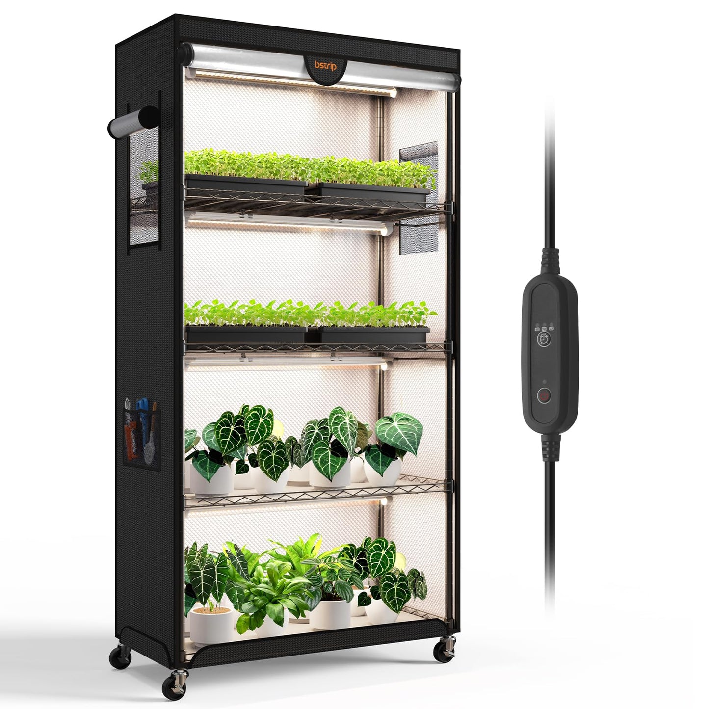 Bstrip Indoor Greenhouse with Grow Light, Plant Stand with 4 Pack 24W Full Spectrum Plant Lights , Plant Shelf with Tent for Indoor Plant, Seed Starting, Seed Tray, 29.5"x13.8"x59"