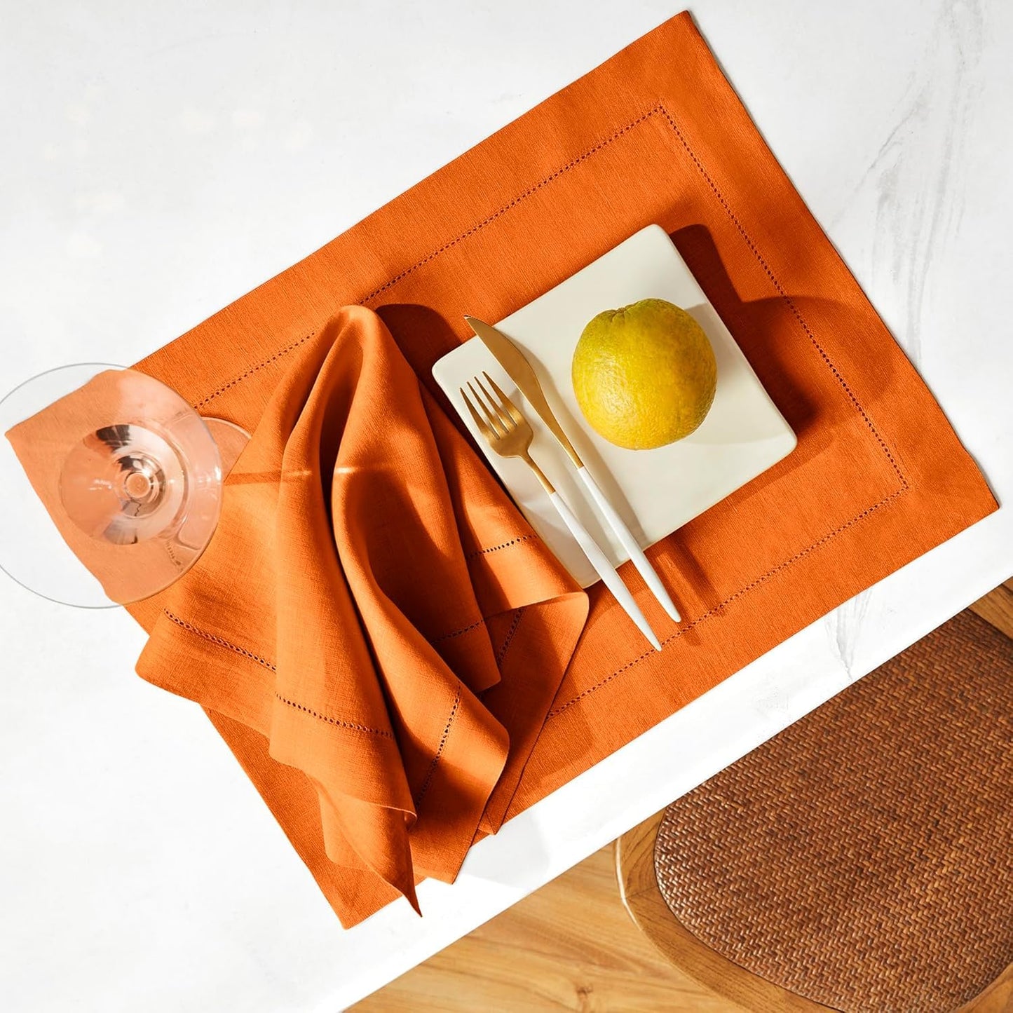 Solino Home Linen Cloth Placemats Set of 6-100% Pure Linen Hemstitch Pumpkin Placemats 14 x 19 Inch - Sonoma Hemstitch Table Place Mats