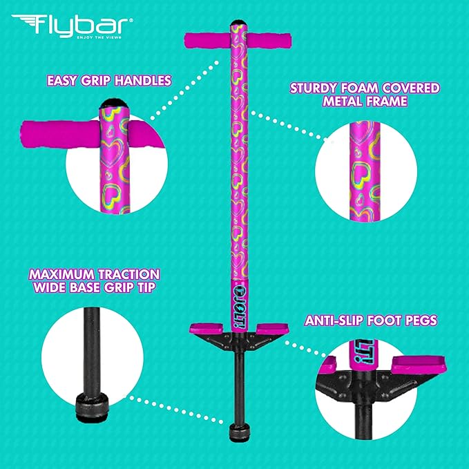 Flybar Jolt Pogo Stick for Kids Ages 6 and Up, 40 to 80 Pounds, Perfect for Beginners, Easy Grip Foam Handles, Anti-Slip Foot Pegs, Outdoor Jumper Toys for Boys & Girls, Outside Toys for Kids