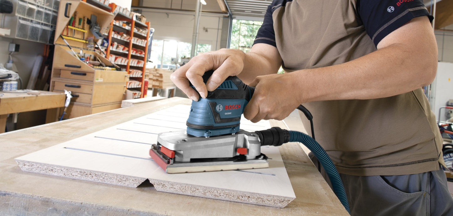 BOSCH OS50VC Electric Orbital Sander - 3.4 Amp 1/2 Inch Finishing Belt Sander Kit with Vibration Control for 4.5 Inch x 9 Inch Sheets, Blue