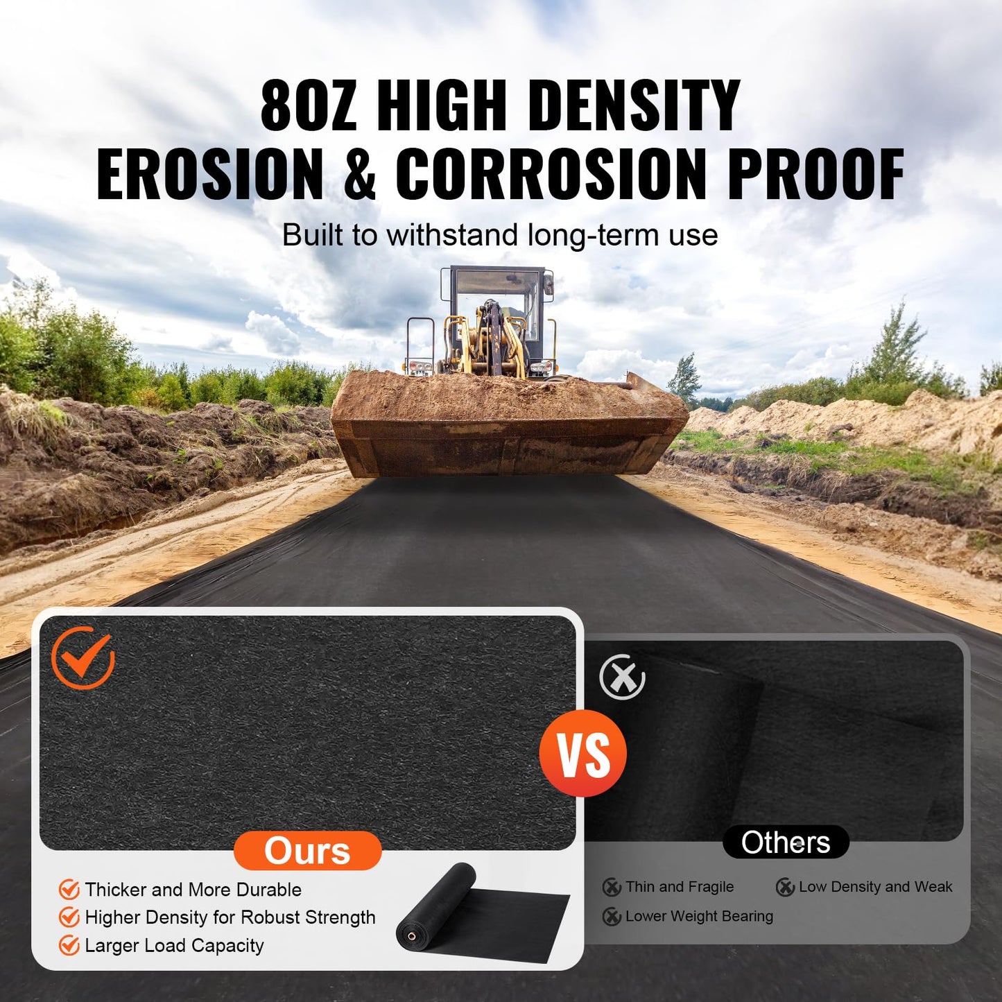 VEVOR 6FTx100FT Non-Woven Geotextile Heavy Duty 8oz Driveway Underlayment for Gravel, Ground Cover, Garden Weed Barrier, Drainage Fabric, Landscaping, Black
