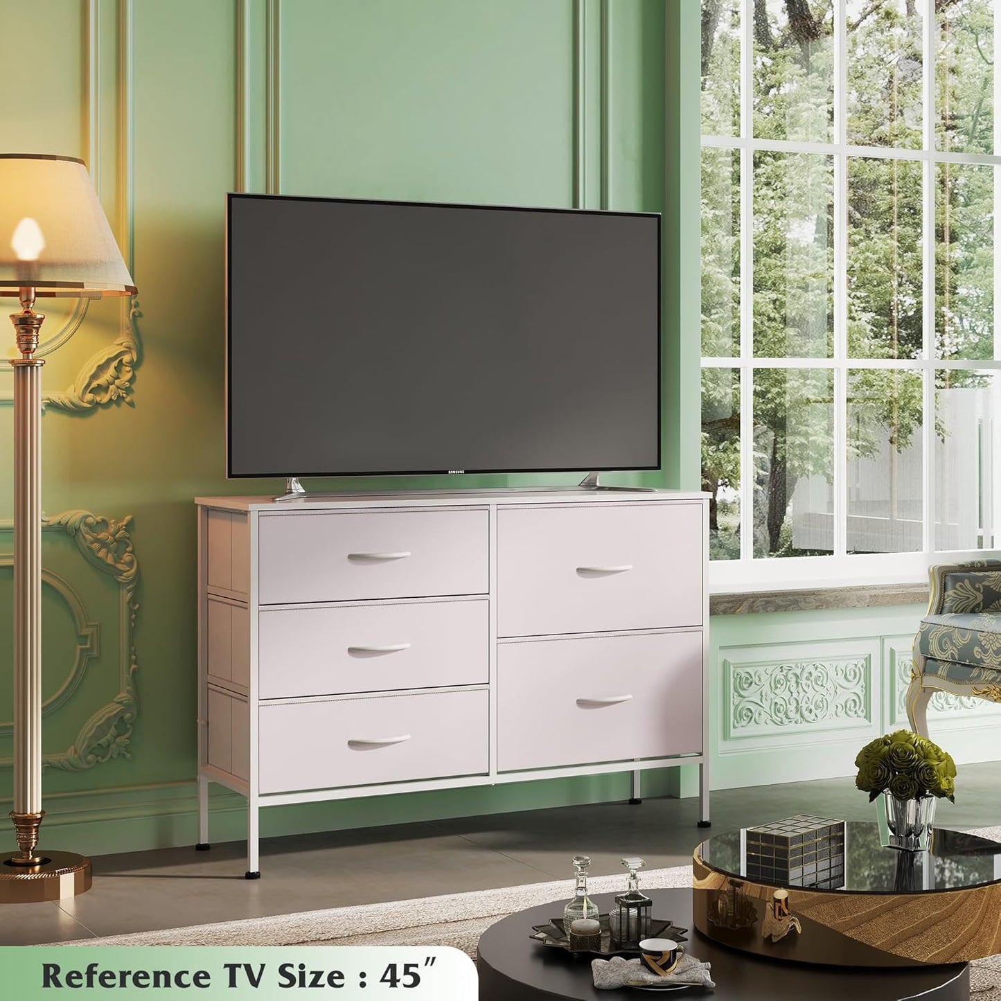 WLIVE White Dresser - 5 Drawer Fabric Chest for Bedroom, Living Room, Closet & Hallway