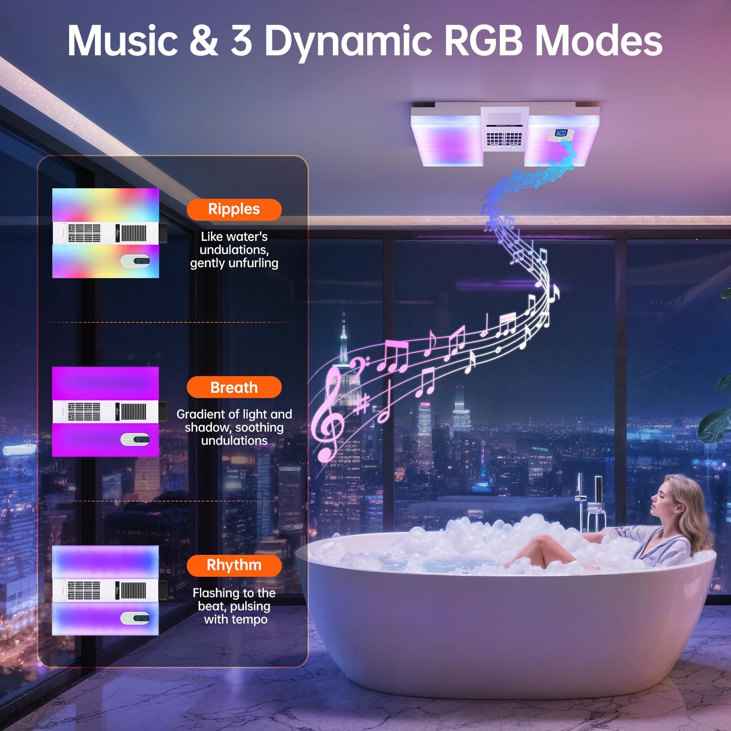 RexTact Exhaust Fan with Heater & Light, Bluetooth Speaker, 230 CFM Quiet Ventilation Fan with Humidity & Odor Sensor, 3 Dynamic RGB Lighting, Remote App Control Easy Install (White)