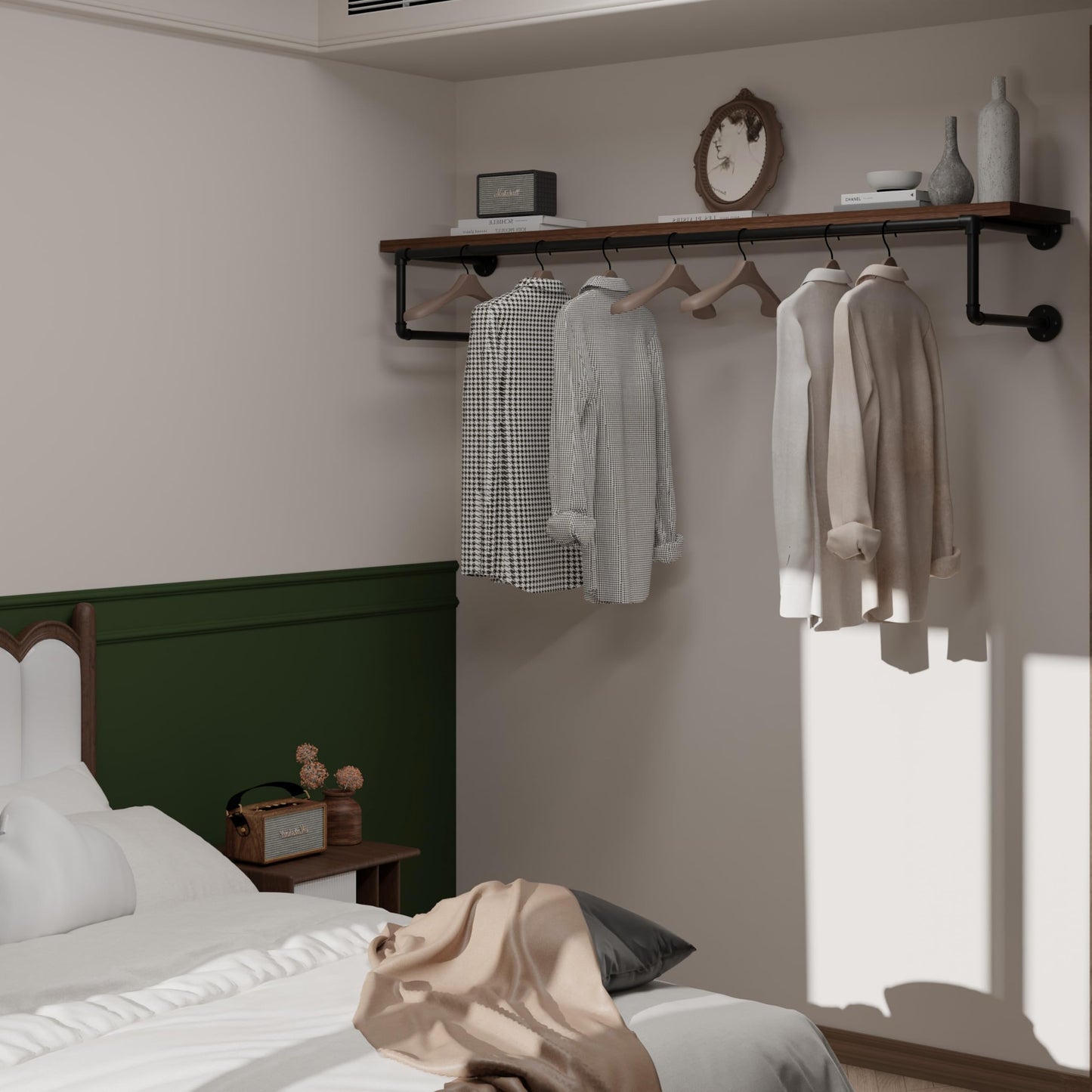 TEDIDUWA Clothes Rack 60in, Wall Mounted Garment Racks with Real Walnut Wood Shelf, Heavy Duty Hanging Clothes Rack, Multi-Purpose Hanging Rod, Space-Saving Closet Storage