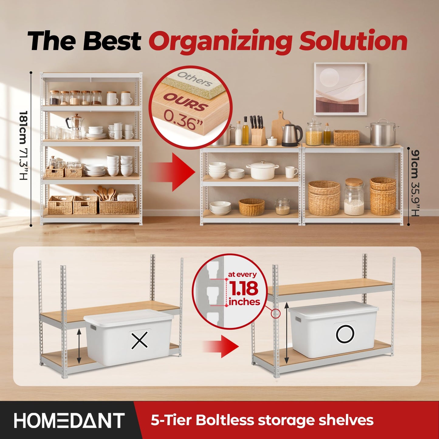 HOMEDANT 47.7" W 5 Tier Heavy Duty Garage Shelving Adjustable Metal Rack Storage Shelves Standing Shelf Unit Organizers Industrial Warehouse Basement White 1Pack