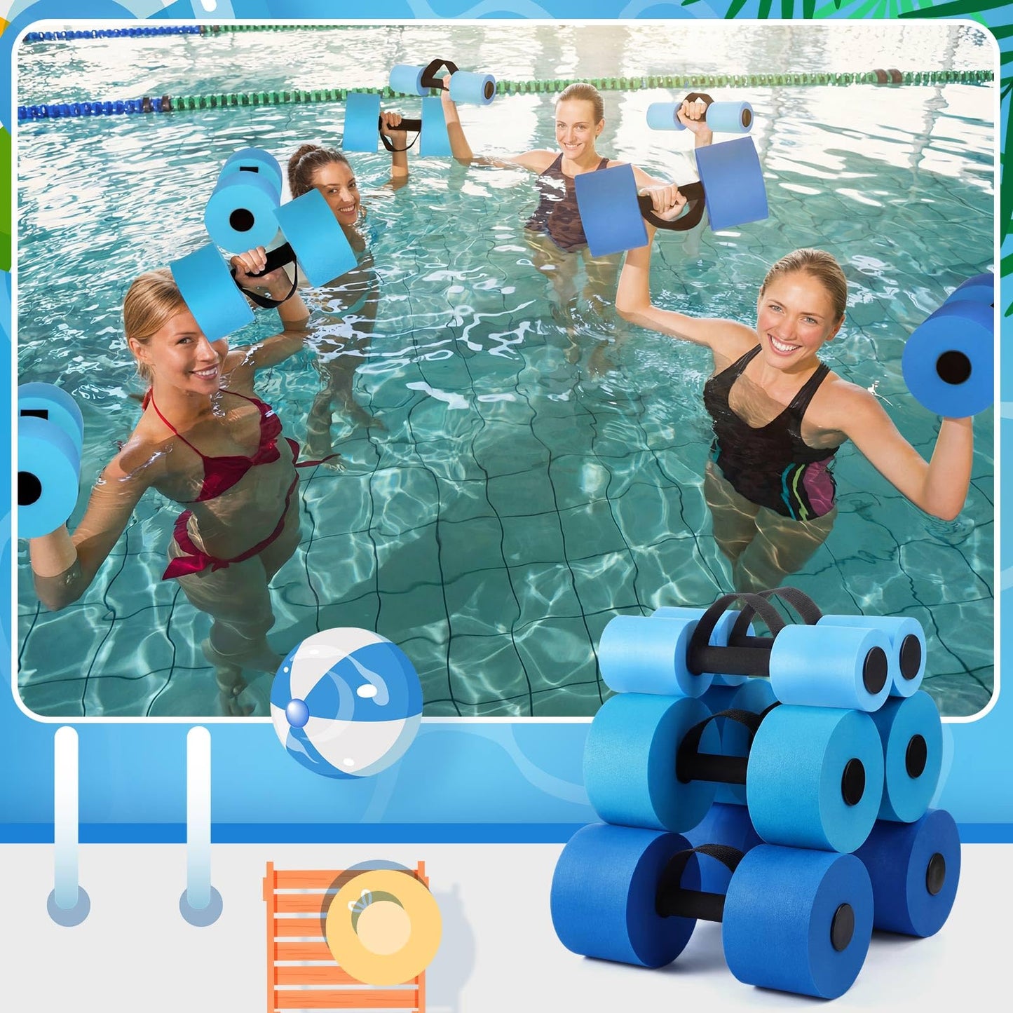 Soulchen Pool Exercise Equipment Water Dumbbells Pool Resistance Aerobic Weights EVA Foam Dumbbell with Handle Strip Assorted Size for Aqua Therapy Water Aerobics Weight Loss Fitness(Azure Glow)