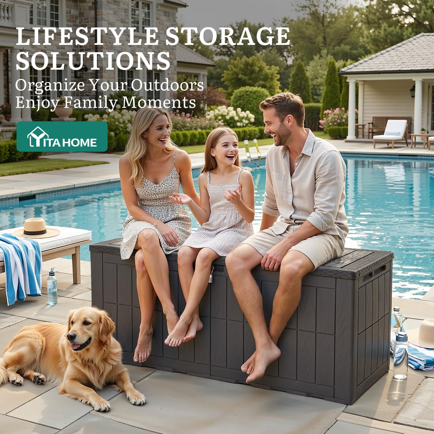 YITAHOME 134 Gallon Large Deck Box, Waterproof Resin Outdoor Storage Box with Lock, Doubles as 2-Person Bench Seating for Patio Furniture Cushions,Garden Tools & Pool Accessories, Dark Brown