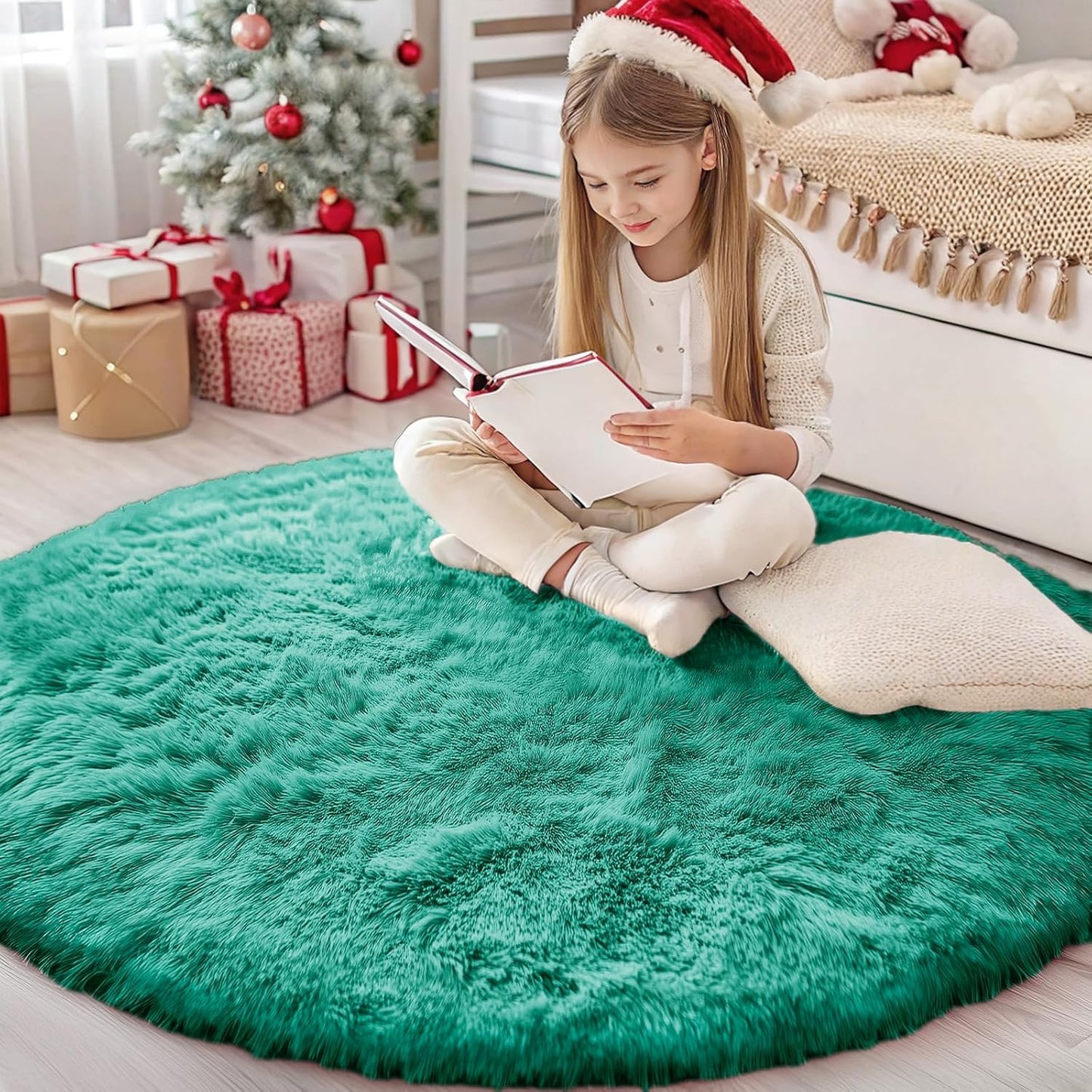 OLANLY Teal Green Round Rug - Soft, Fluffy Shaggy Carpet for Bedroom & Living Room, 4 ft Circle