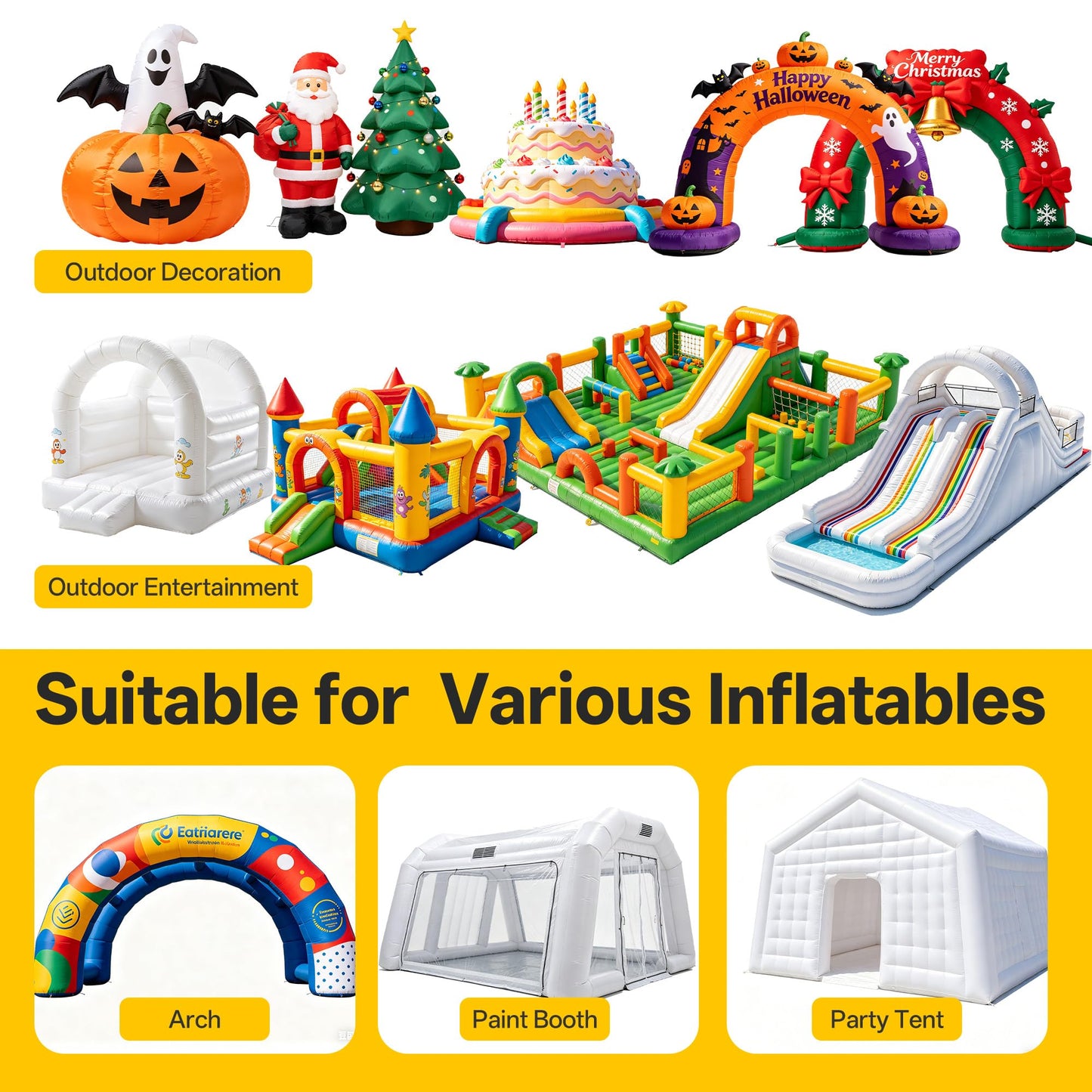 Huilynsen Air Blower for Inflatables 1.5 HP,Commercial Bounce House Blower with Double-Sided Fan Blade 1500 CFM PP Weatherpoof Blower Fan for Inflatable Water Slide,Paint Booth(Black&Yellow)
