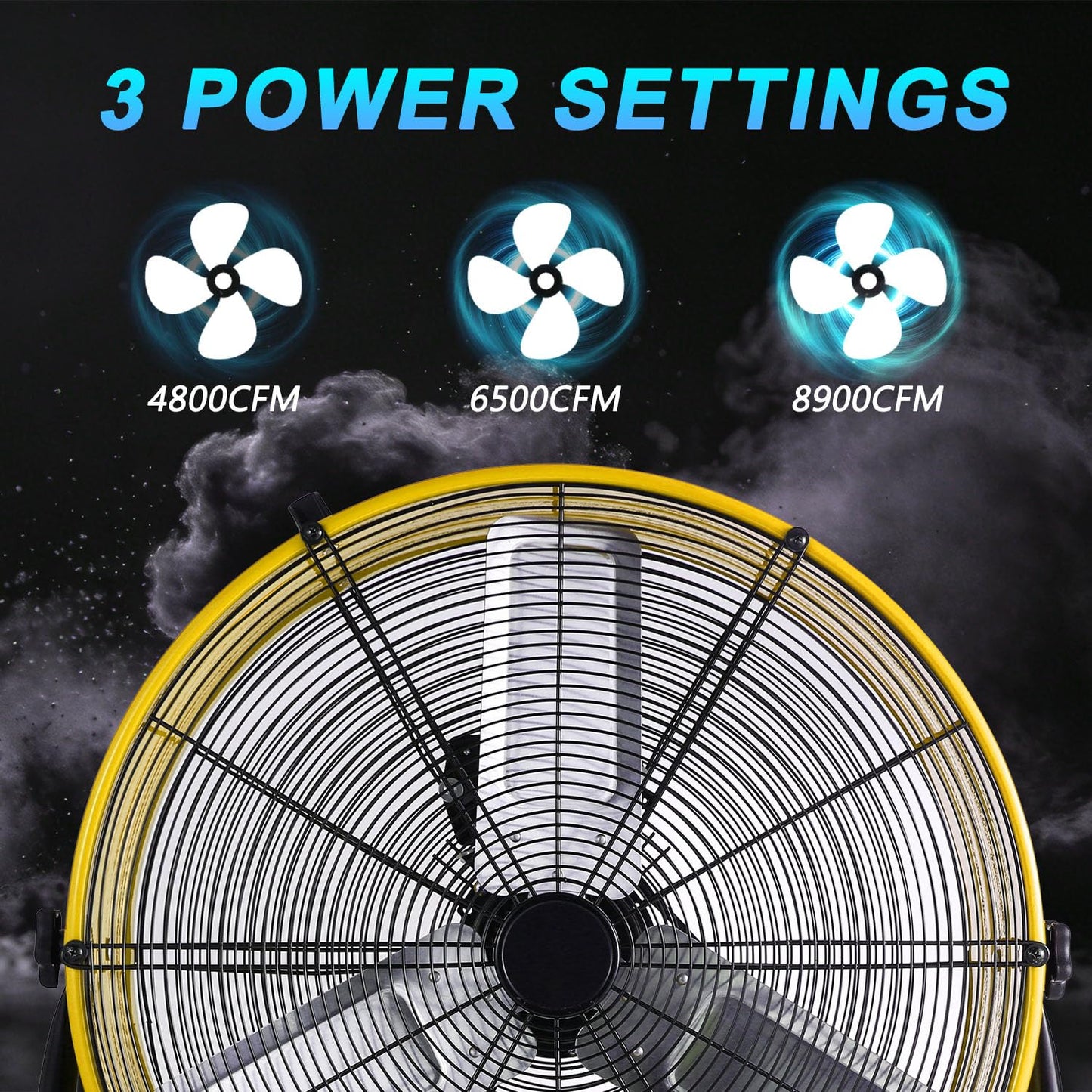 WARMLREC 24" Industrial Floor Fan, 8900 CFM High Velocity Drum Fan with 3 Speeds, Portable Heavy Duty Industrial Fan for Warehouse, Workshop, Factory, Commercial, Residential and Greenhouse Yellow