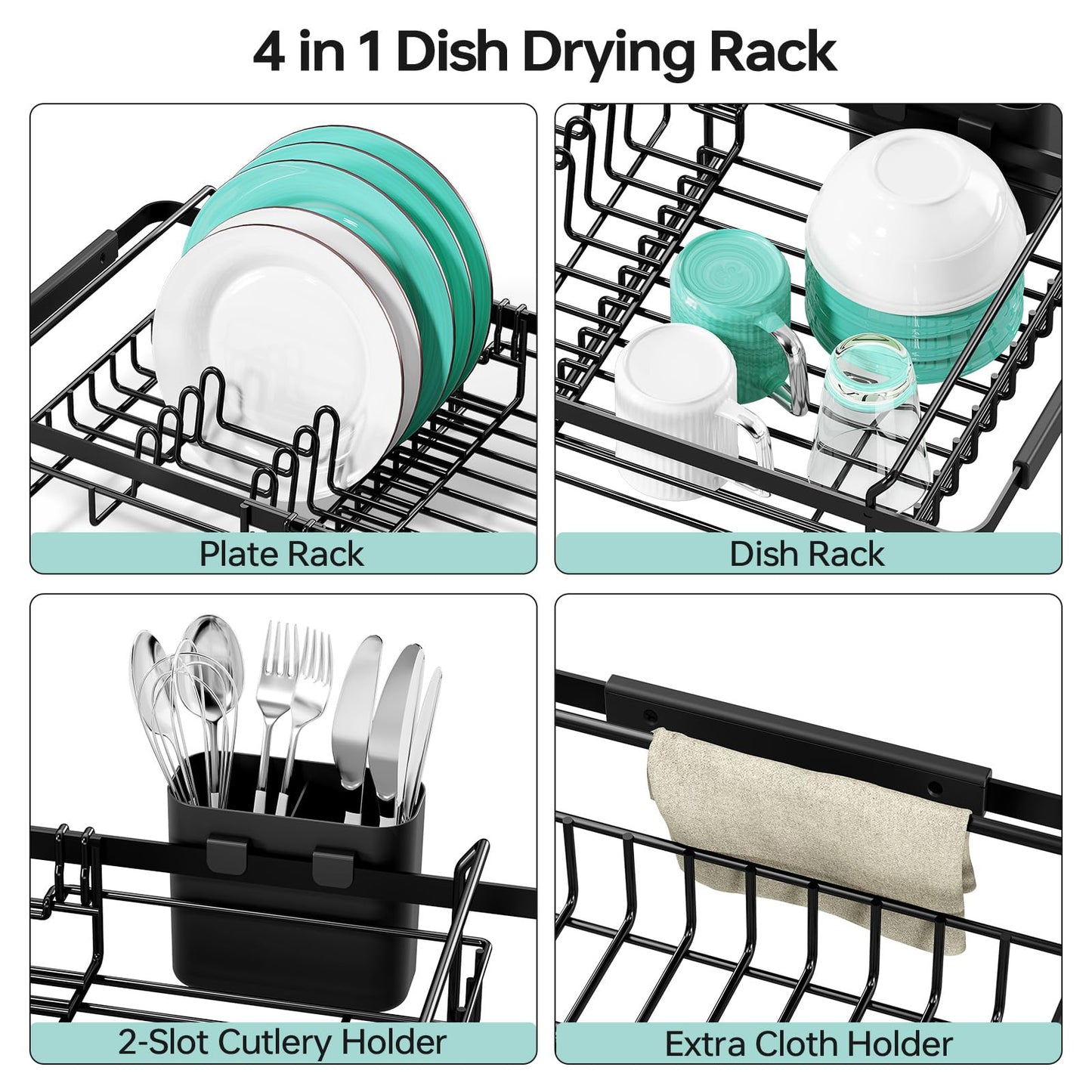 Urackify Dish Drying Rack in Sink - Expandable (14.5''-18''L) Over The Sink Dish Rack with Utensil Holder, Space-Saving Dish Drainer for Kitchen Counter, 1 Piece, Matte Black