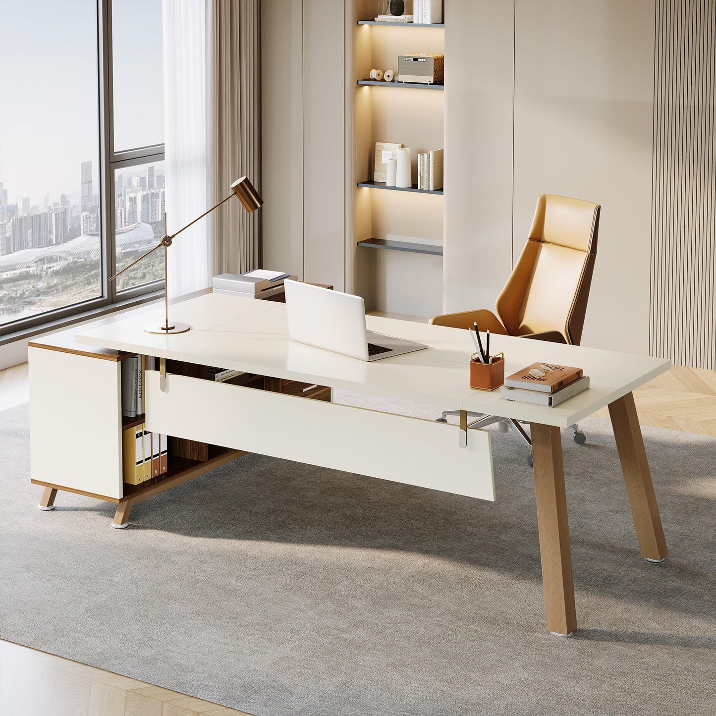 Tribesigns 78.7" L-Shaped Executive Desk, Modern Office Desk with File Drawers & Storage Shelves, Large Computer Desk with 55-Inch Cabinet, Business Workstation for Home Office, Beige & Walnut