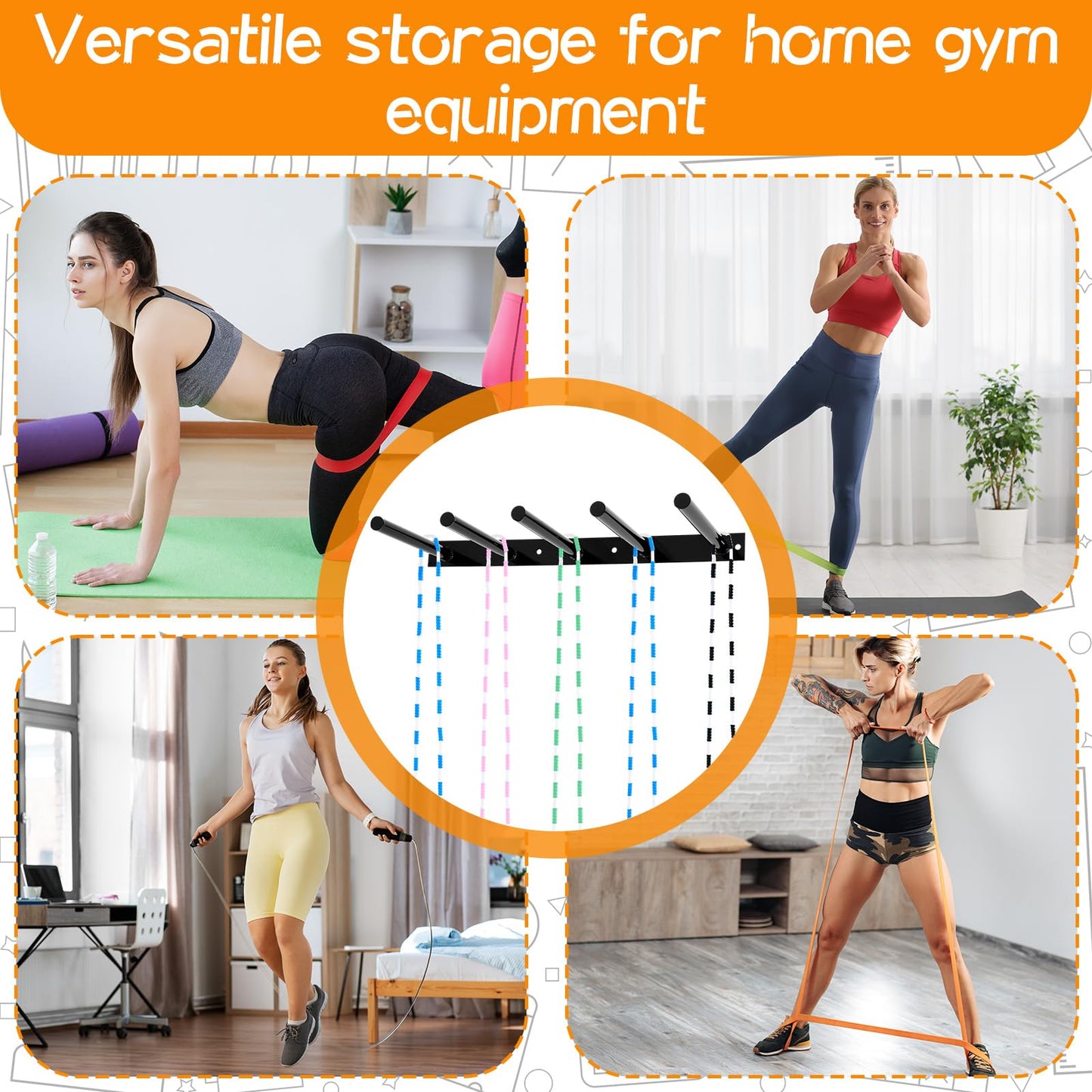 Shimeyao 25" Wall Mounted Hoop Rope Rack, 5 Peg Metal Gym Equipment Storage Holder Organizer for Jump Ropes, Sports Hoops, Resistance Bands, Straps, Foam Rollers, Hardware Included