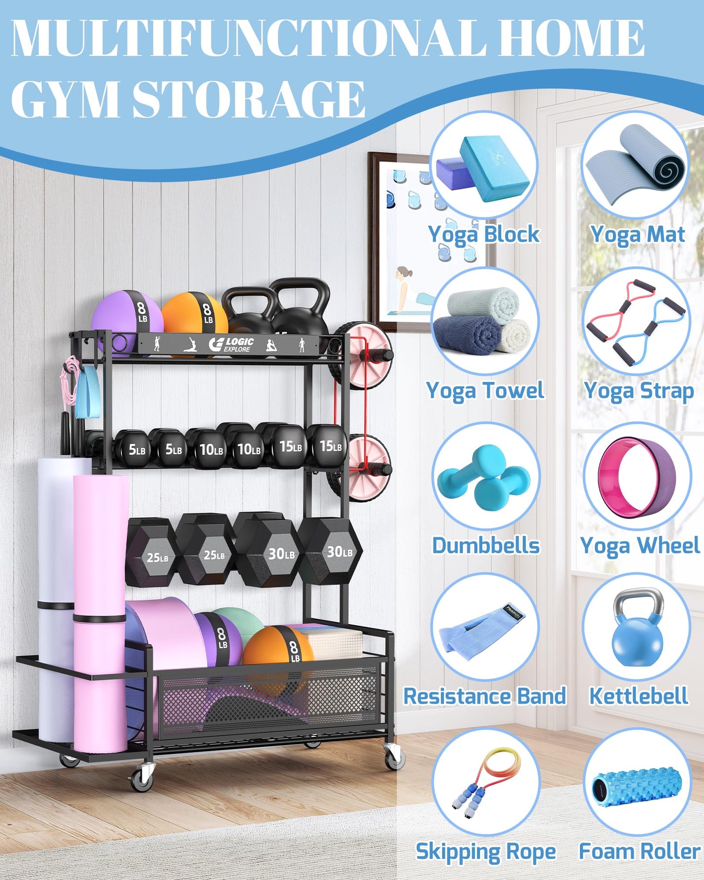 Logicexplore Dumbbell Rack Weight Storage Stand, Adjustable Weight Rack with Wheels, Metal Workout Equipment Storage Organizer, Home Gym Storage Organizer for Dumbbells, Kettlebells, Yoga Mat, Foam Roller
