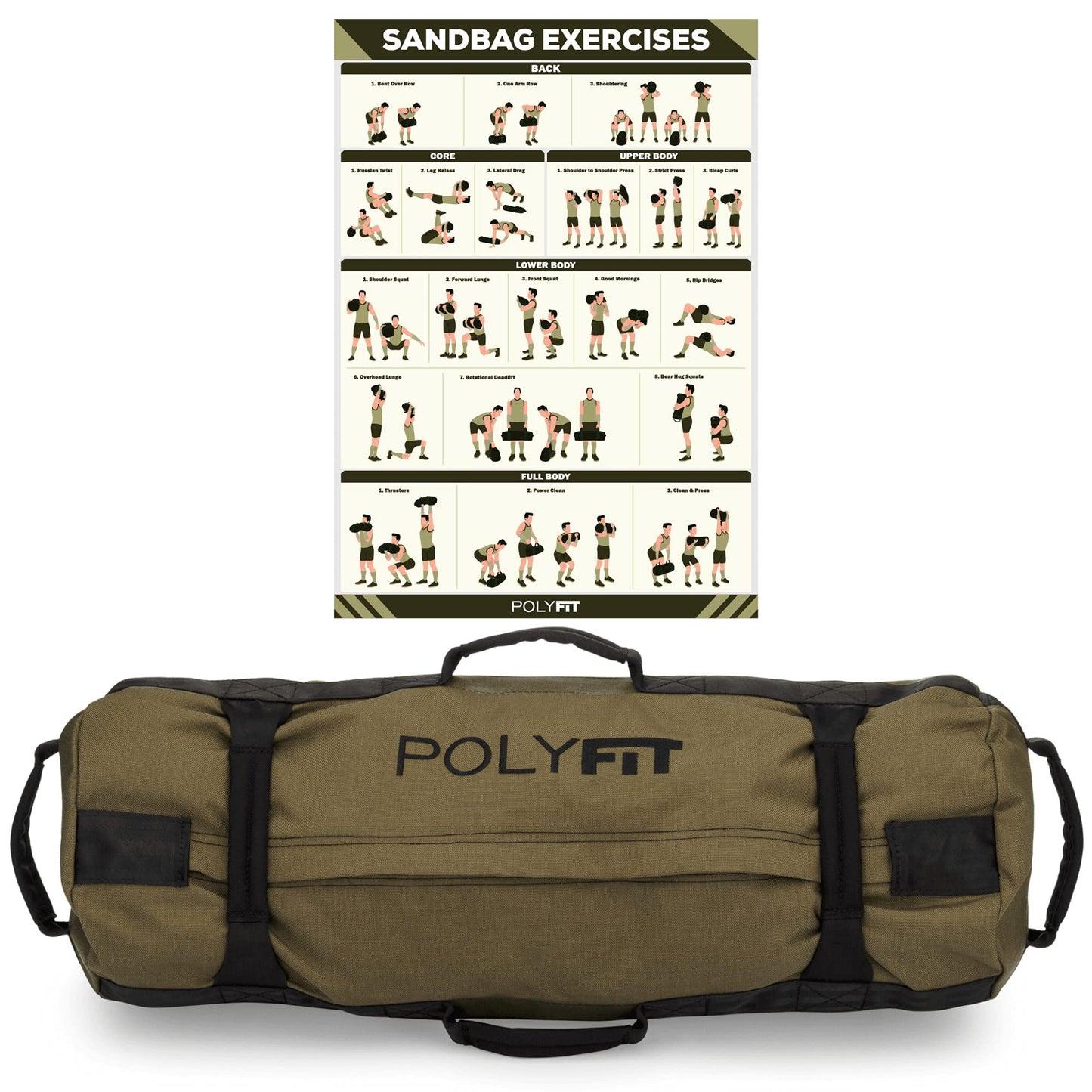 Polyfit Workout Sandbag for Fitness - Heavy Duty Sandbag Workout Bags with 8 Gripping Handles for Sand Bag Weight Training (30lbs to 75lbs) - Green