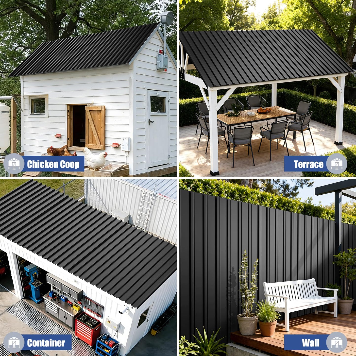 Brakki Metal Roofing Panels 10pcs 52.4 ft², L42.52"xW17.72" Black Corrugated Galvanized Steel Roof Panels with Screw, Heavy Duty Metal Siding Suitable for Garages Chicken Coop Sheds Stables Patio