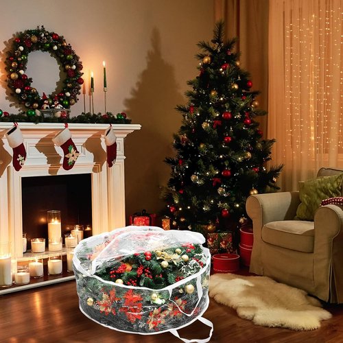 Hedume Wreath Storage Bag - 30" X 12" Clear Container with Dual Zippers & Reinforced Handle | Protect Holiday Wreaths from Dust & Moisture