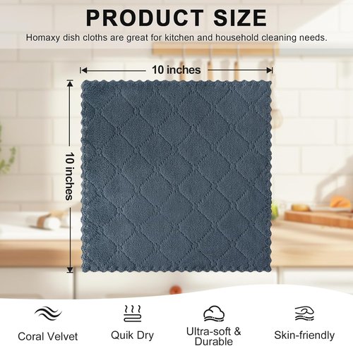 Homaxy Kitchen Dish Cloths - Super Soft & Absorbent Coral Velvet | 12 Pack, 10 x 10 Inches, Dark Grey