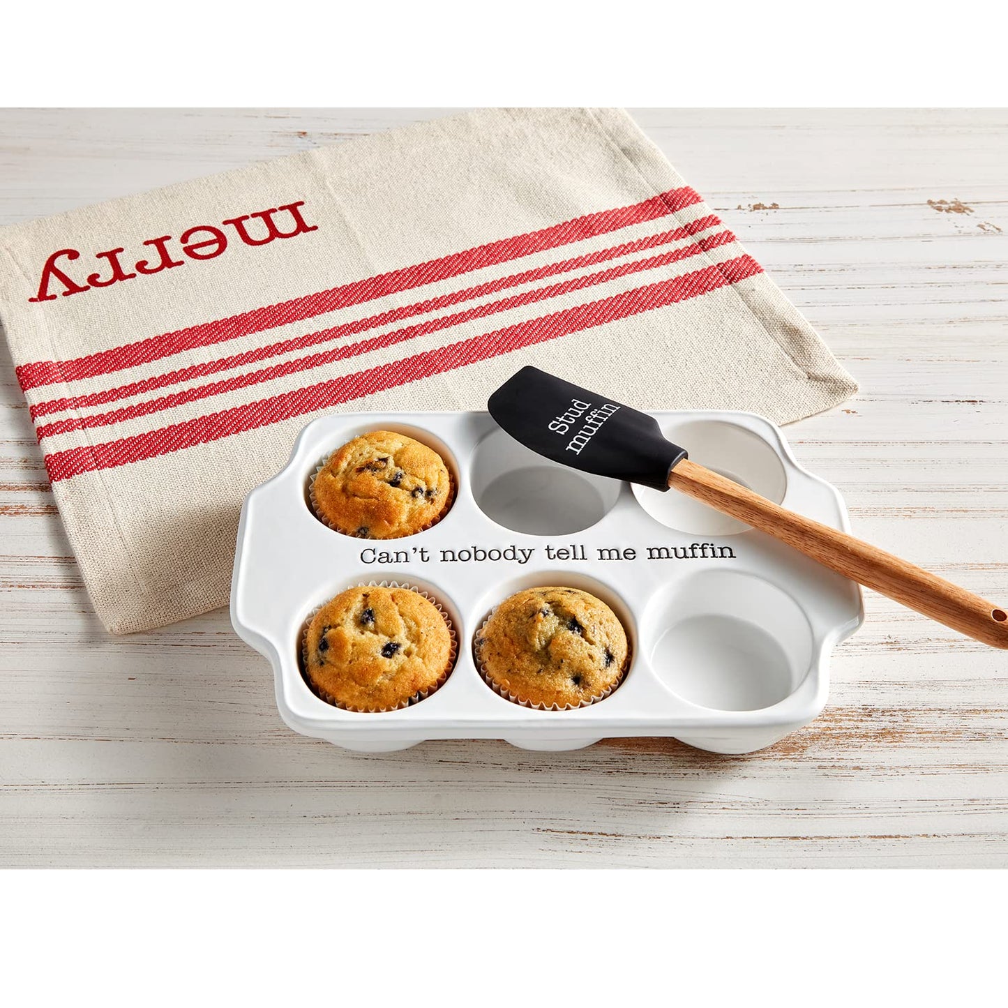 MUD PIE Circa Muffin Tray and Spatula Set, White, 12" x 8"