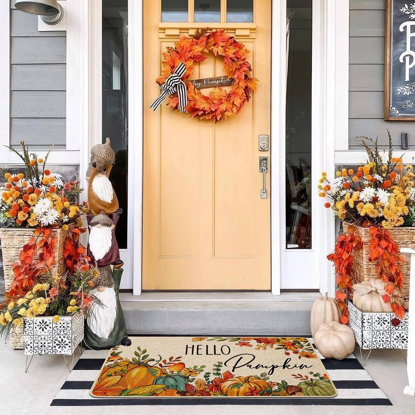 Baccessor Fall Pumpkins Kitchen Rugs Set of 2,Thanksgiving Autumn Pumpkins Floral Leaves Low-Profile Non Slip Absorbent Kitchen Mats for Floor Farmhouse Home Decor 17x29 and 17x47 Inch