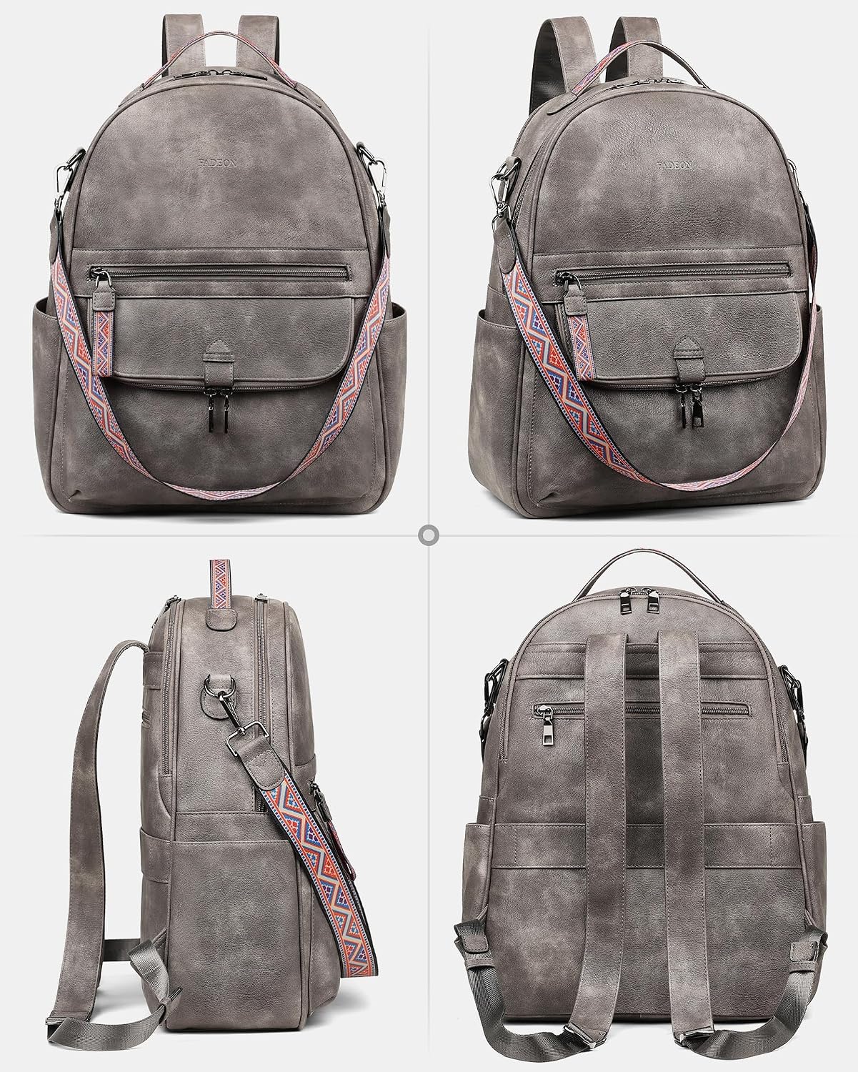 Backpack Backpack FADEON Leather Laptop Purse for Women, Designer Travel PU with Laptop Compartment for Work Grey