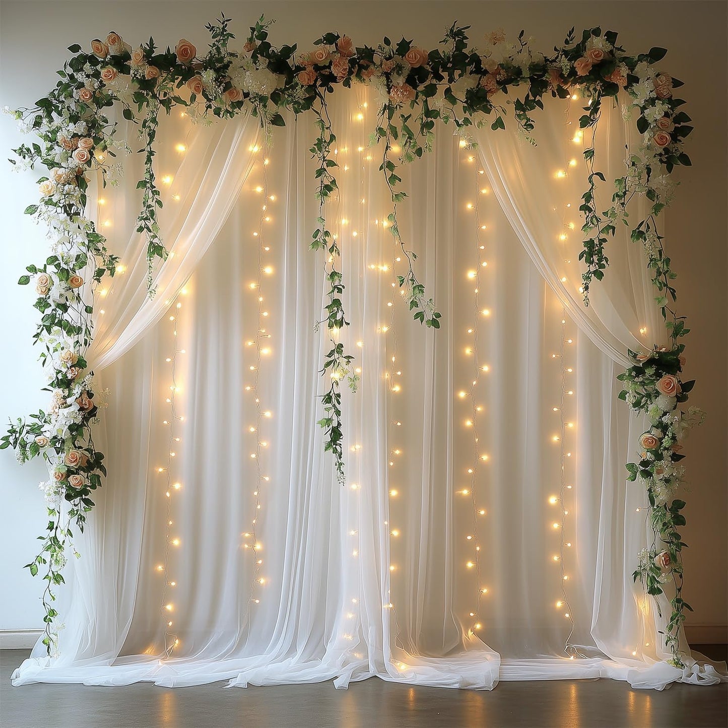 EMHOLDBU 10x8ft (2 White Tulle Backdrop Curtain with Lights String Sheer Drapes for Wedding, Birthday, Baby Shower