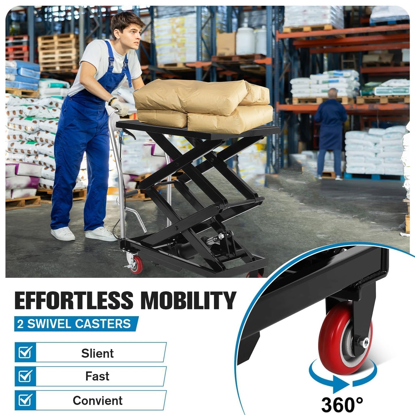 Garvee Hydraulic Lift Table Cart, 770 LBS Capacity 50 in Lifting Height, Double Scissor Lift Table with 4 Wheels and Non-Slip Pad for Material Handling and Transportation, Black