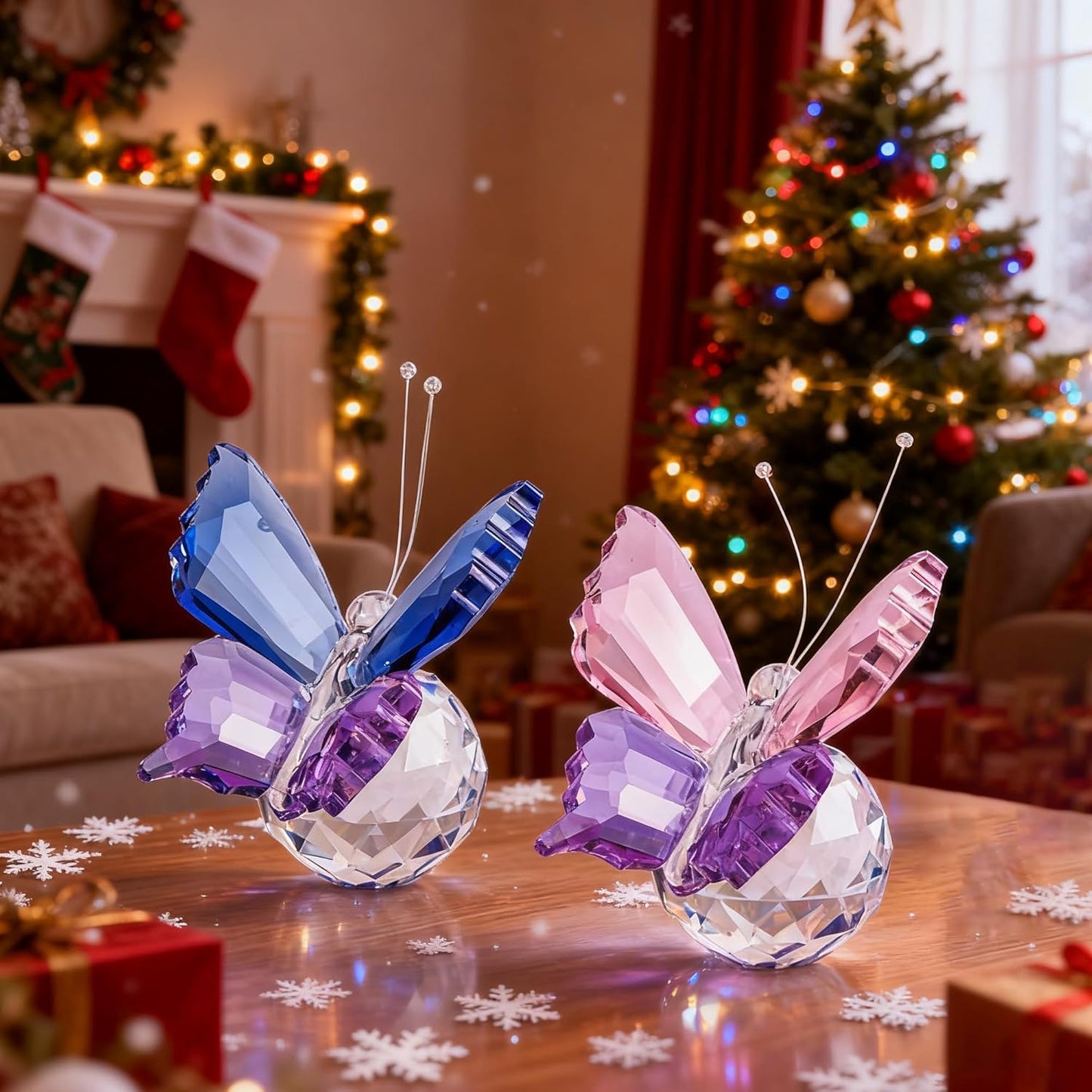 Skiennix Crystal Butterfly Figurines - Elegant Collectible Ornaments with Clear Ball Base | 2-Piece Set